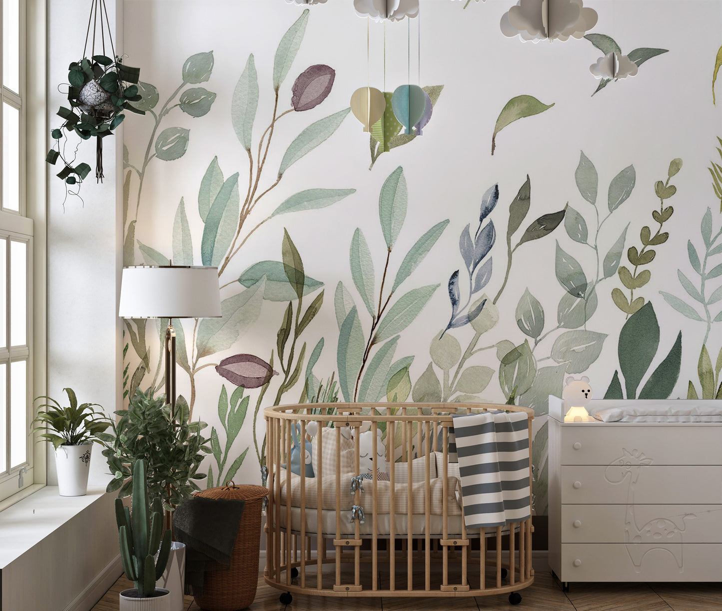 Watercolor leaves mural for serene home decor
