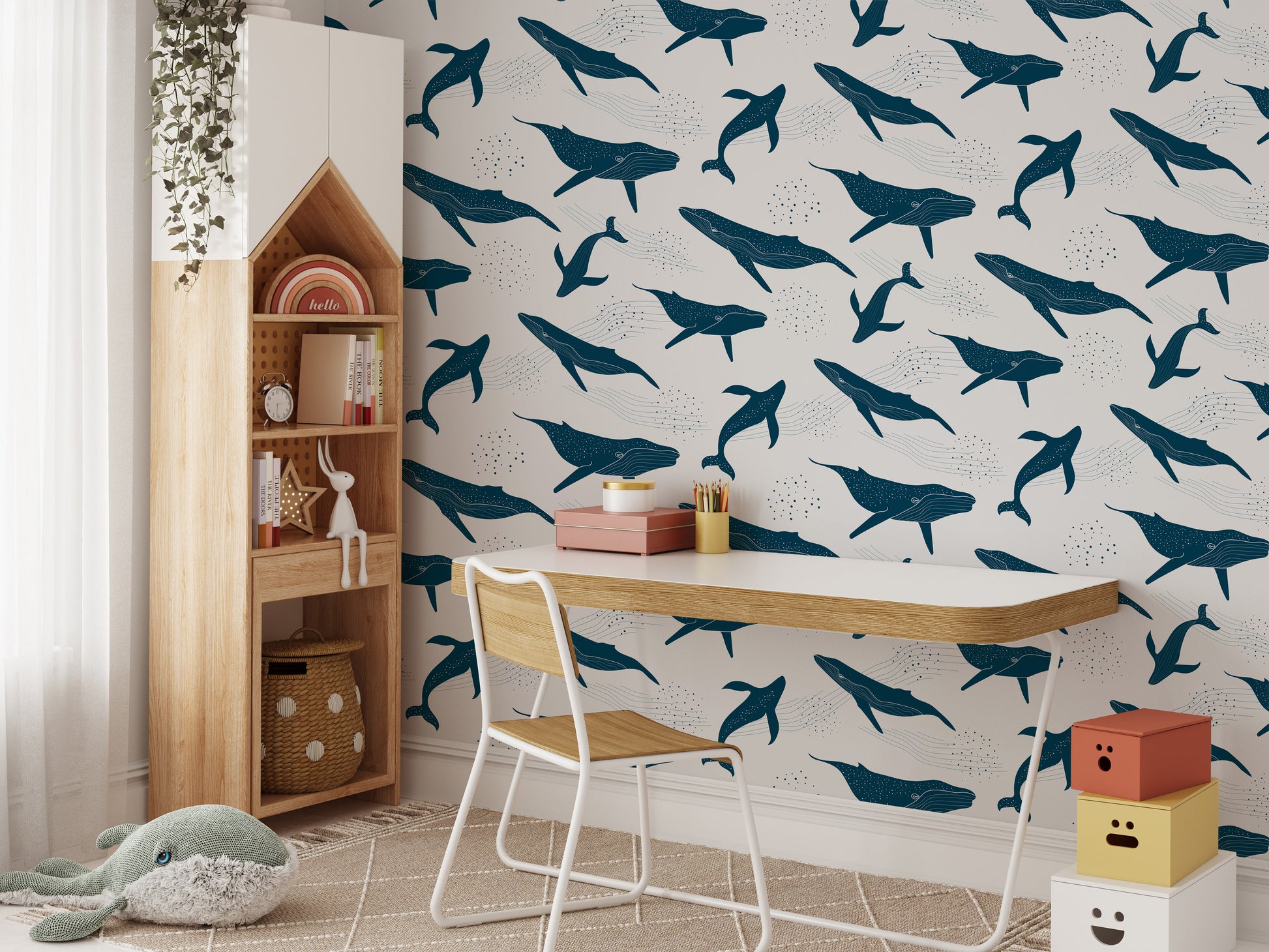 Artistic whale mural wallpaper in monochrome
