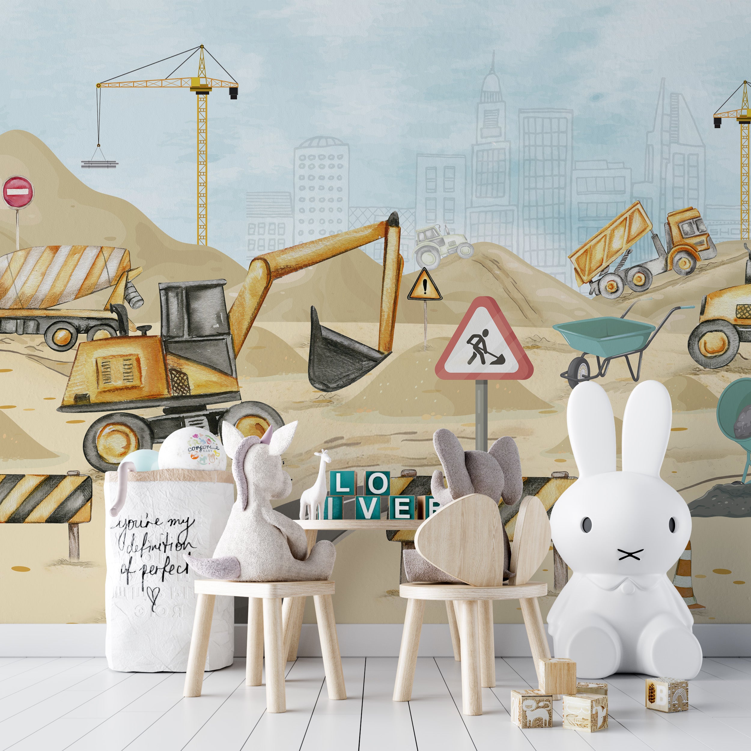 Kids Construction Yard Wallpaper Mural Design