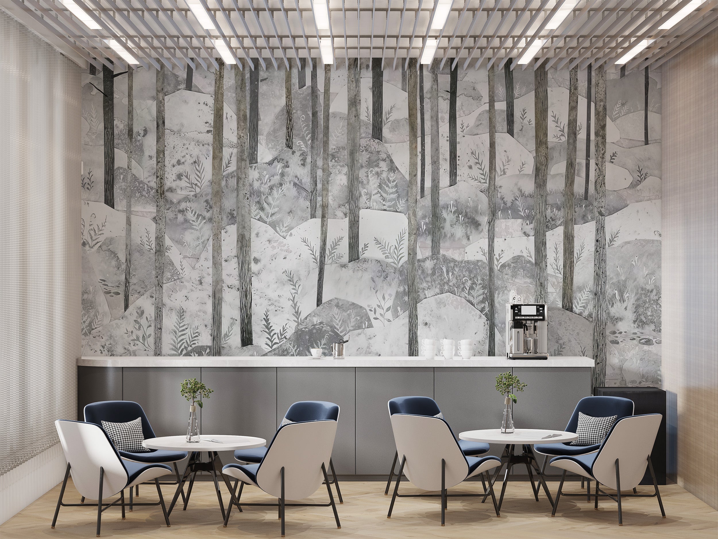 Grey forest woodland mural for stylish and quiet spaces