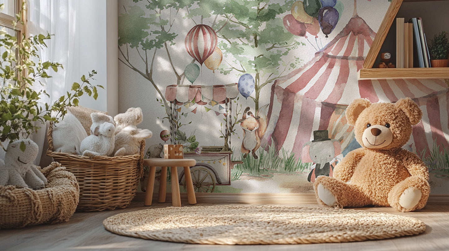 Peel and stick circus tent mural for vibrant kids' rooms