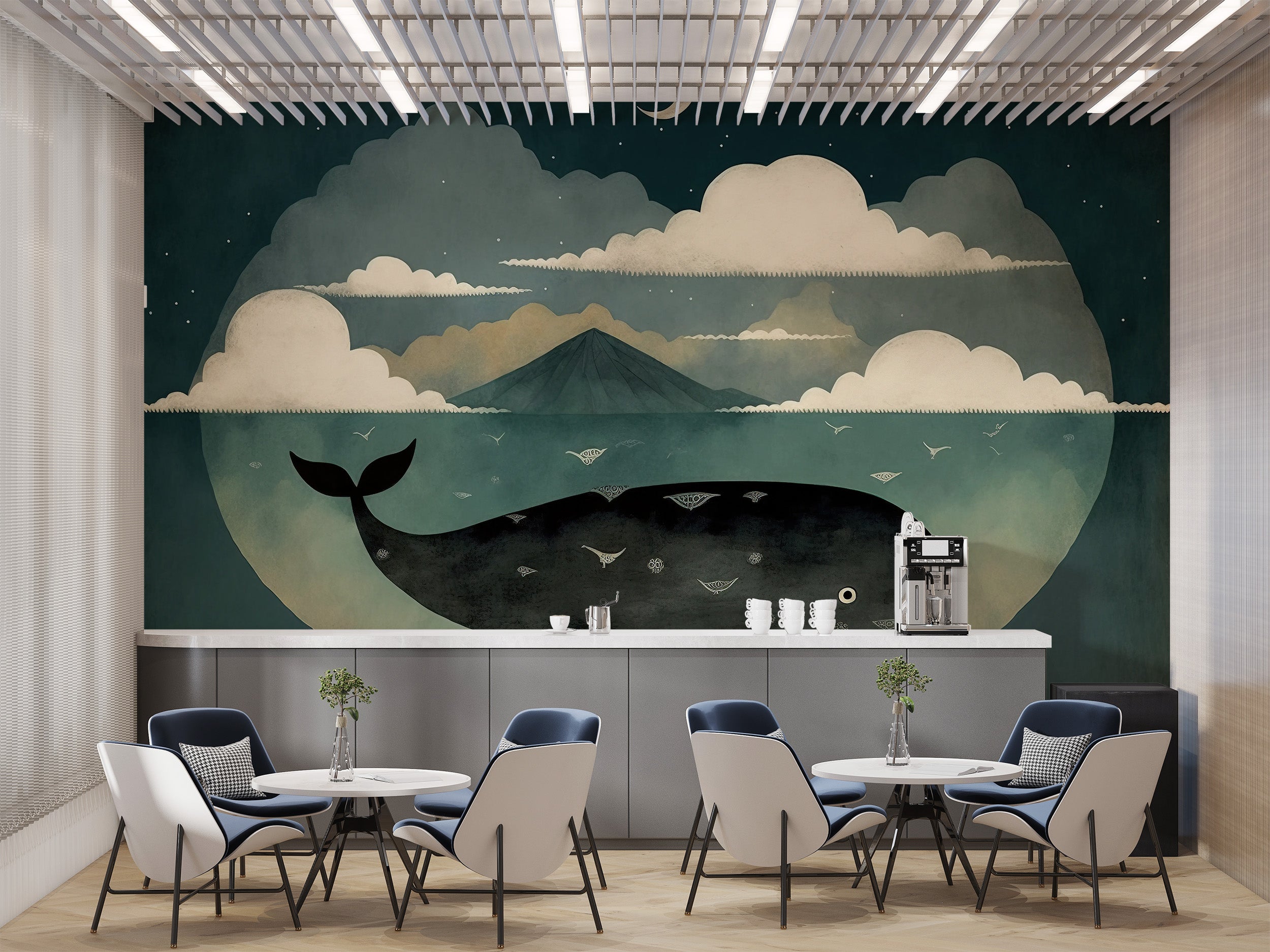 Room wallpaper featuring a whale under a glowing moon