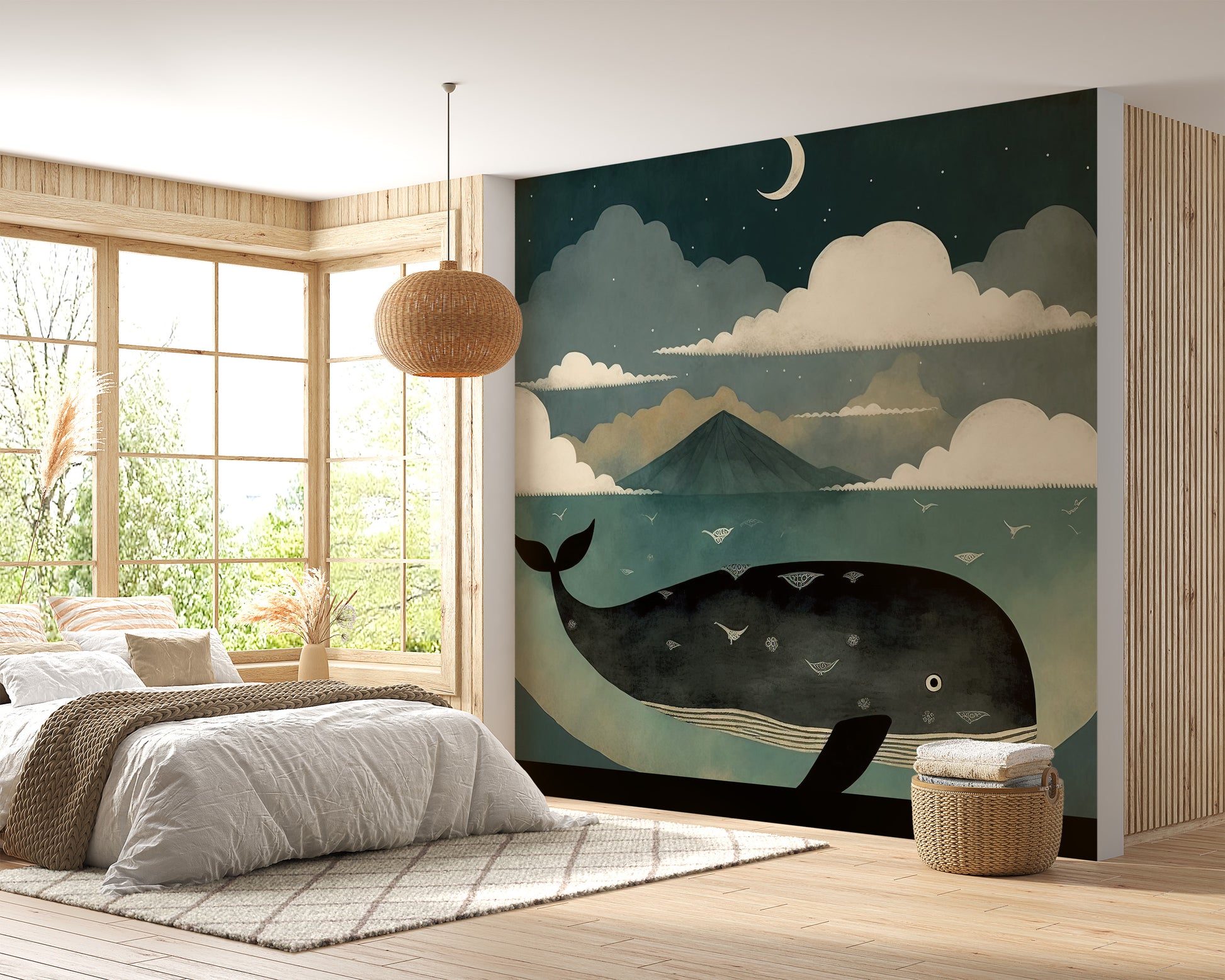 Whale under moon wall mural for serene room decor