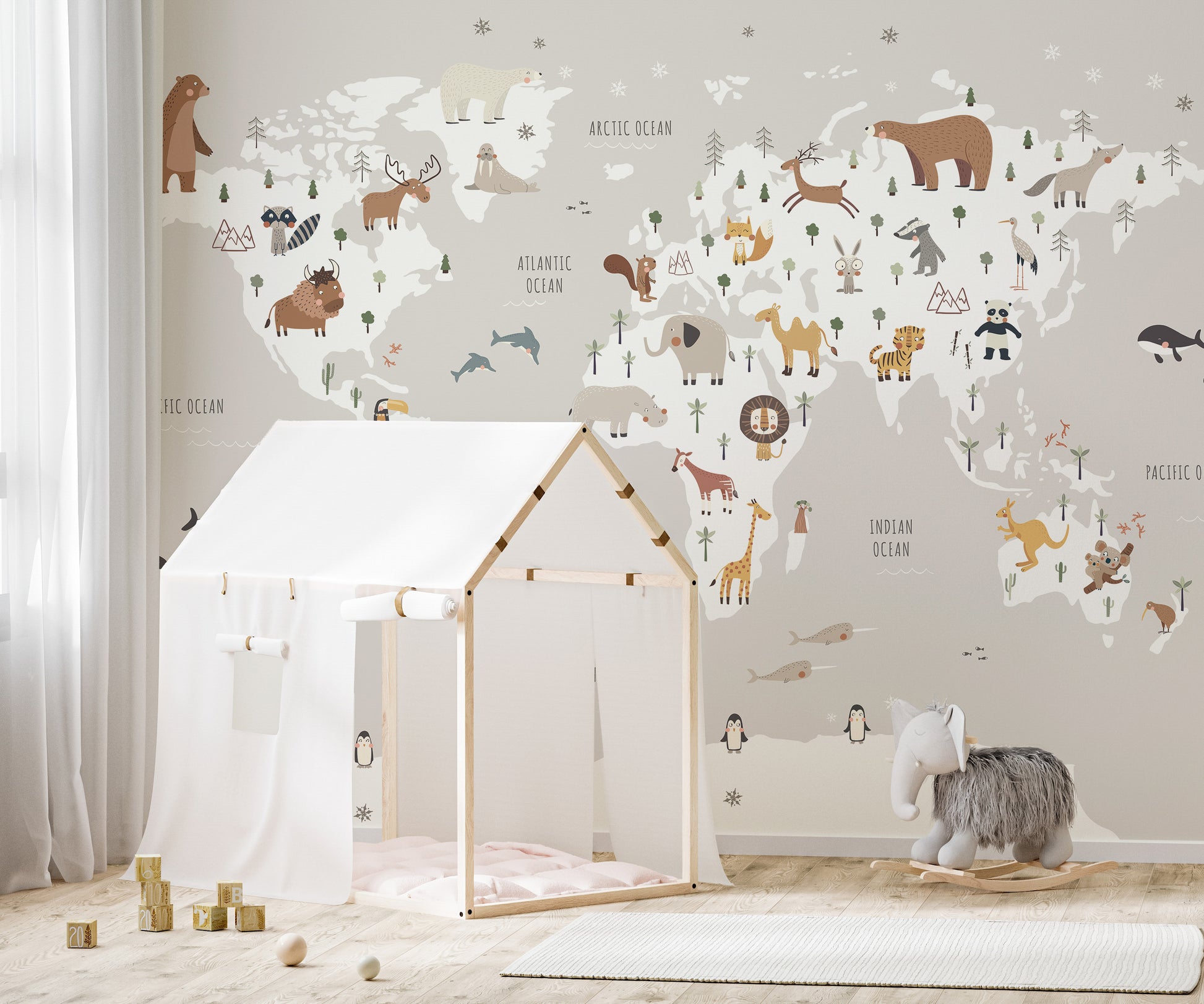 Animal-inspired world map mural in neutral gray shades
