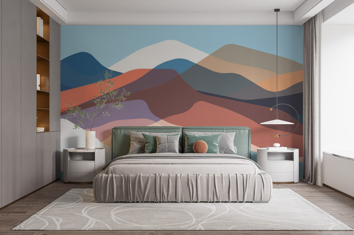 Vibrant overlapping mountain layers in an abstract artistic wallpaper design