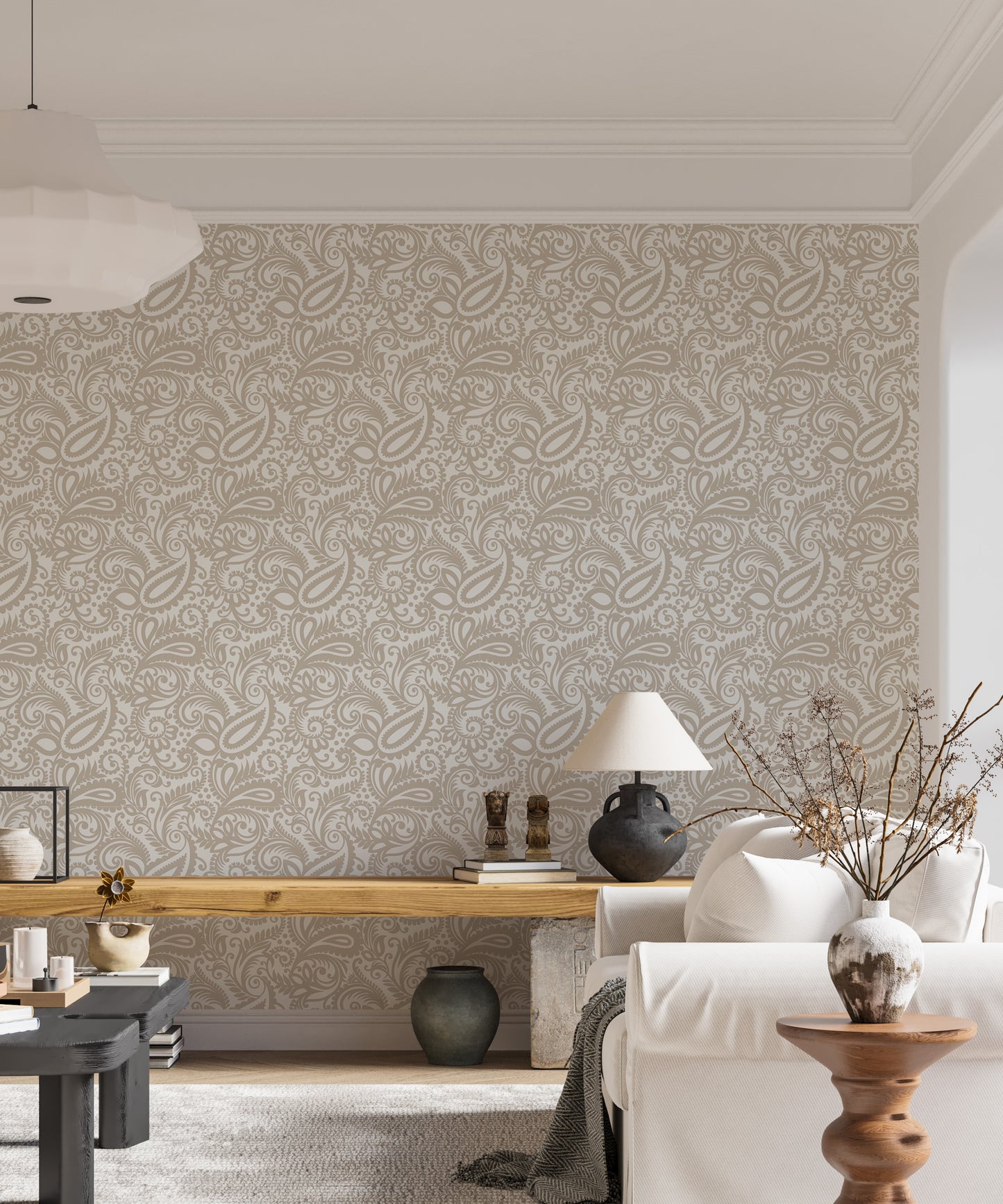 Beige Color Middle Eastern Paisleys Swirled Leaves Wallpaper