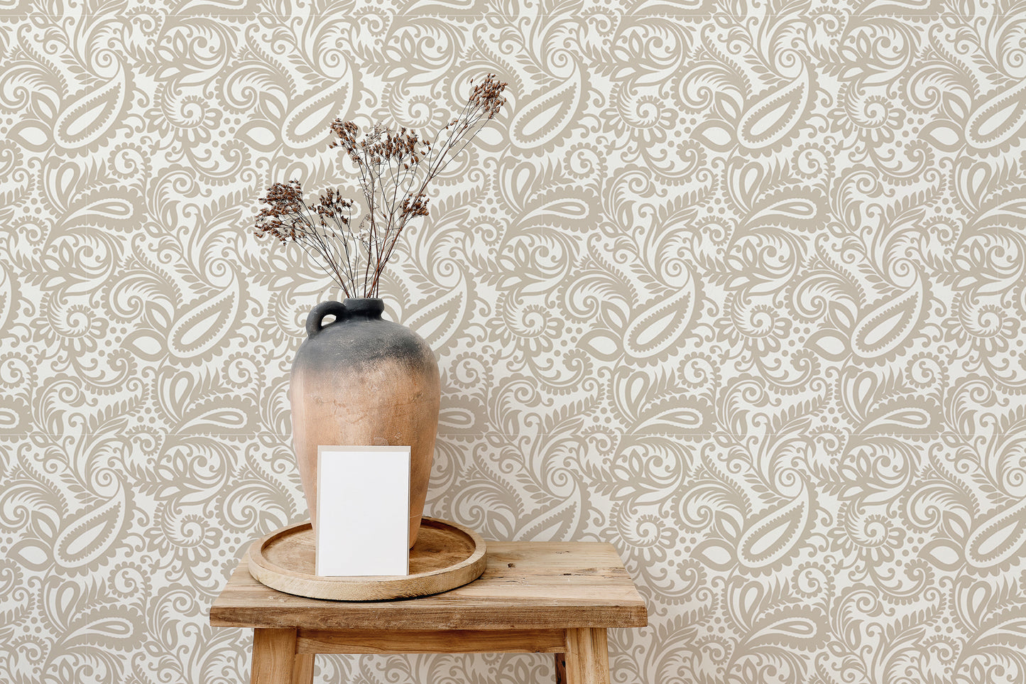 Beige Color Middle Eastern Paisleys Swirled Leaves Wallpaper