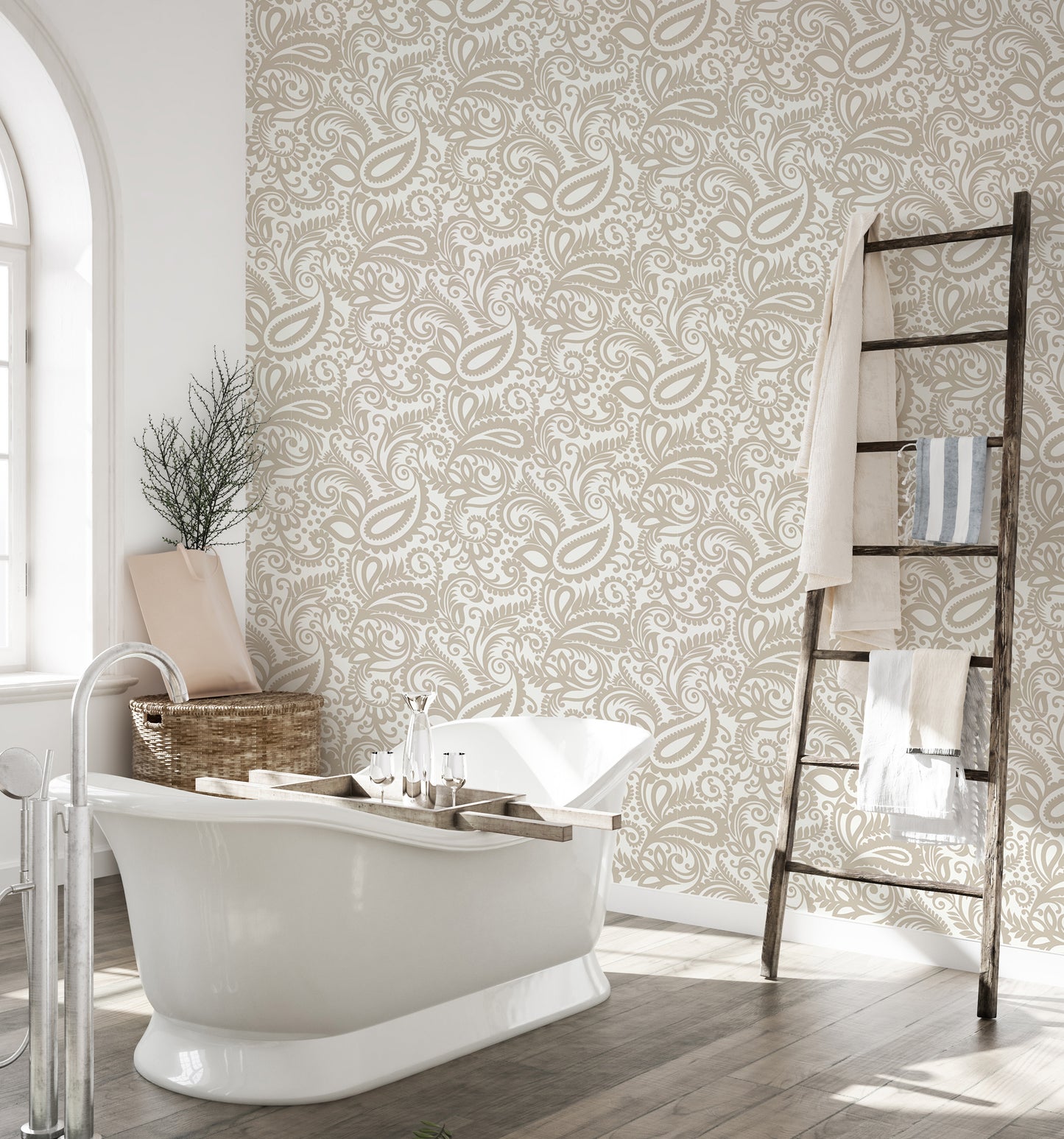 Beige Color Middle Eastern Paisleys Swirled Leaves Wallpaper