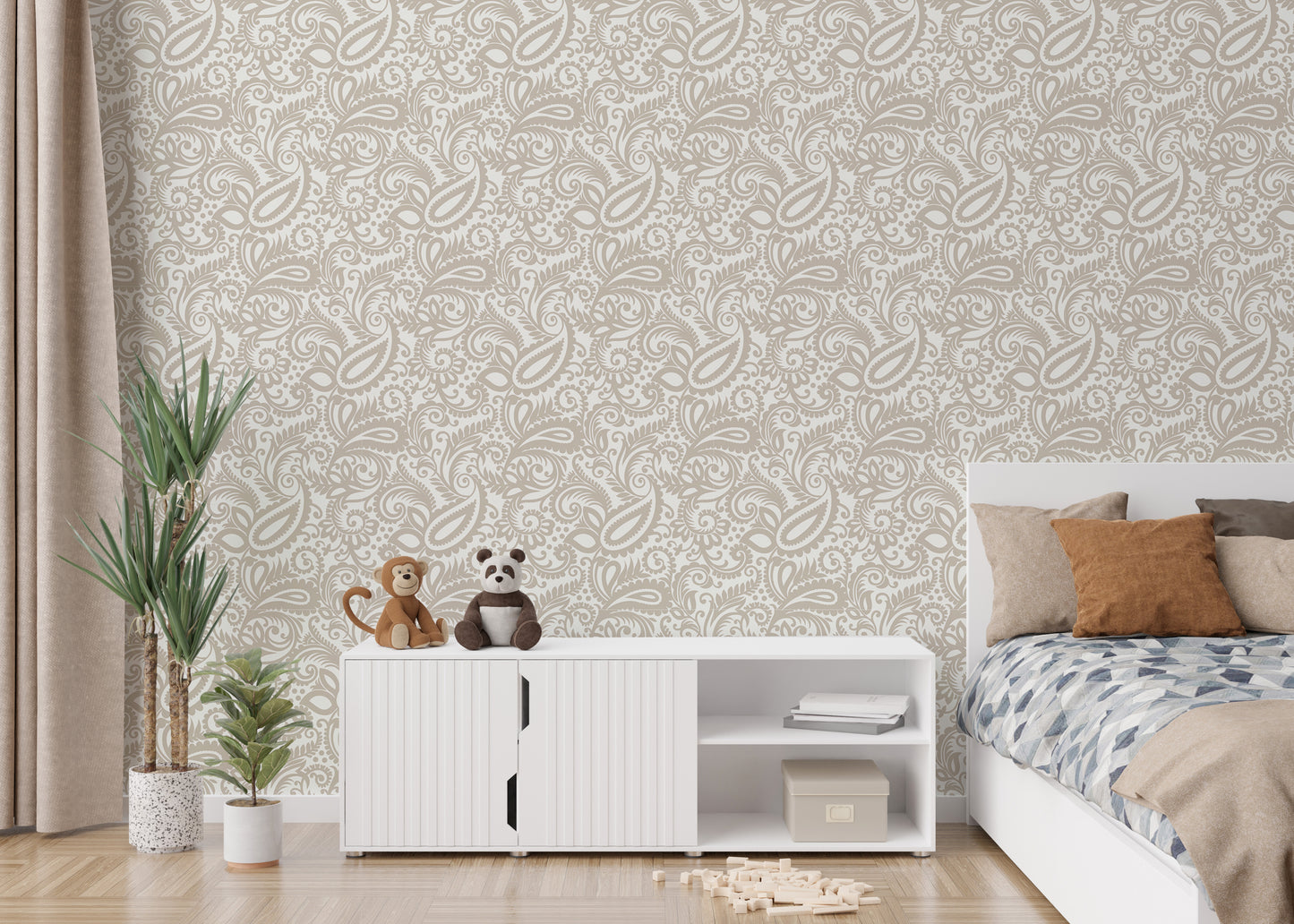 Beige Color Middle Eastern Paisleys Swirled Leaves Wallpaper