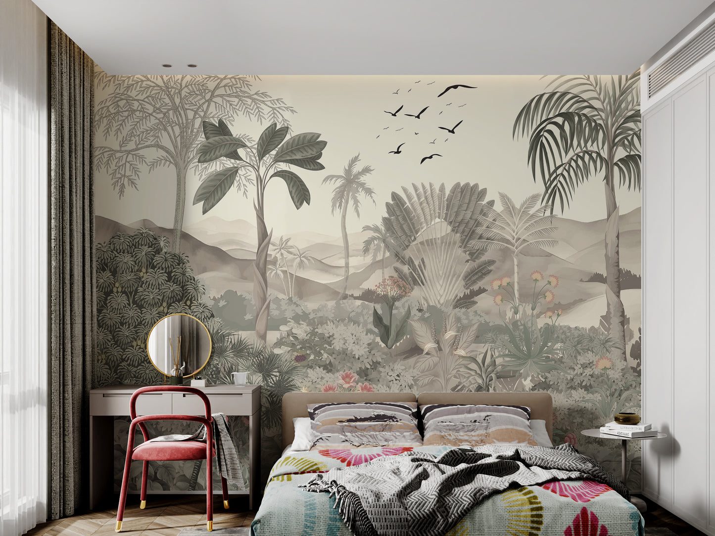 Tropical Jungle Mural with Palm Trees