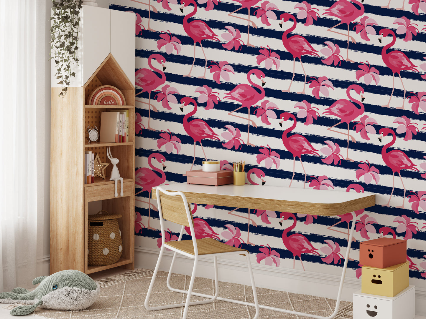 Flamingo Oasis in Blue Stripes Wallpaper