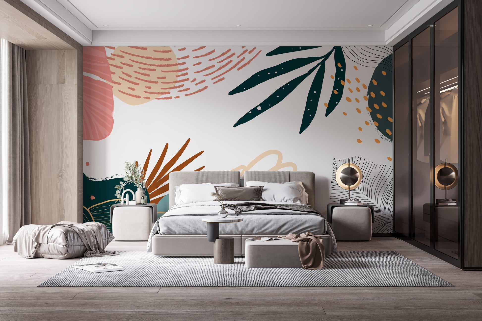 Minimalist botanical mural with soft shades
