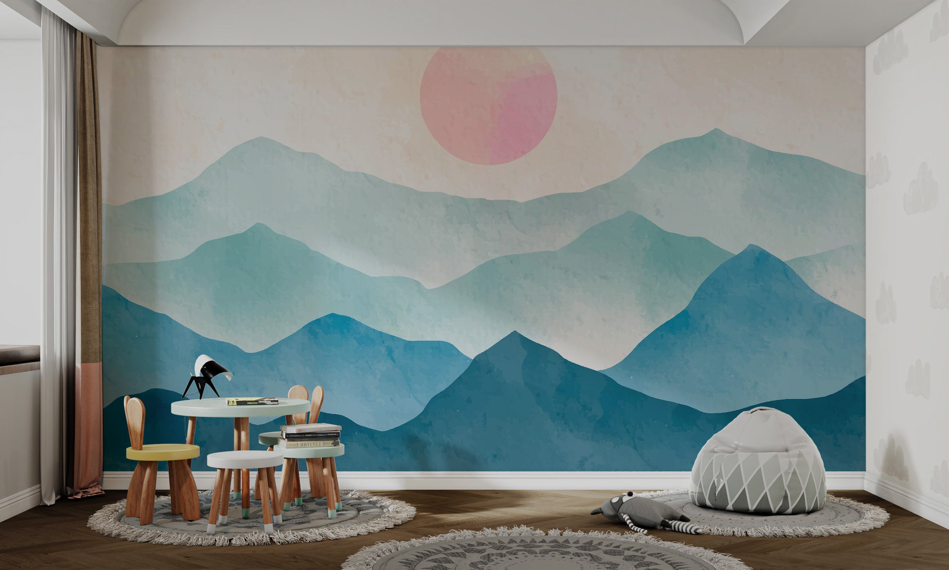 Serene watercolor mountain range with gentle sunrise tones
