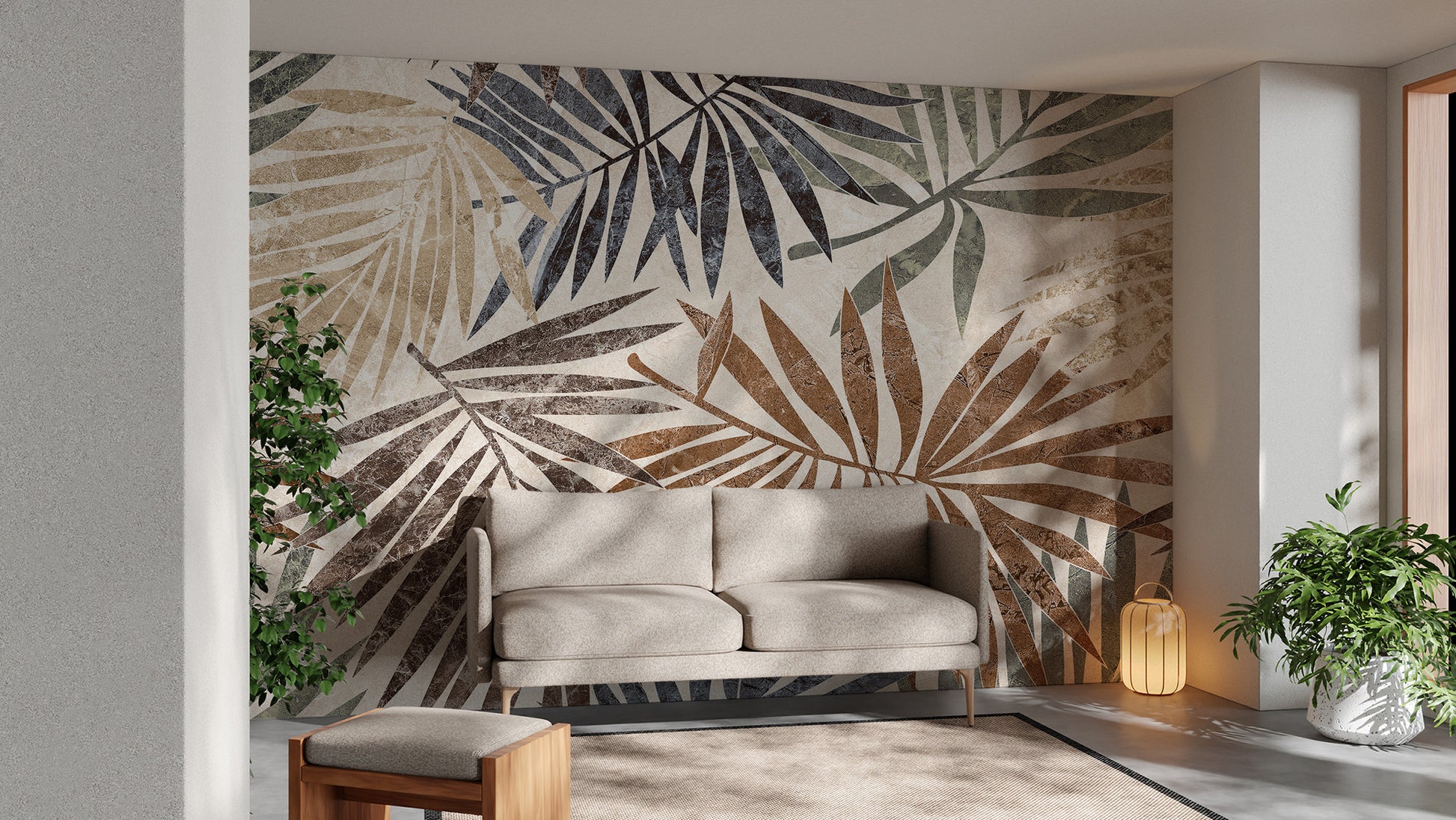 Vibrant tropical palm wallpaper mural design.
