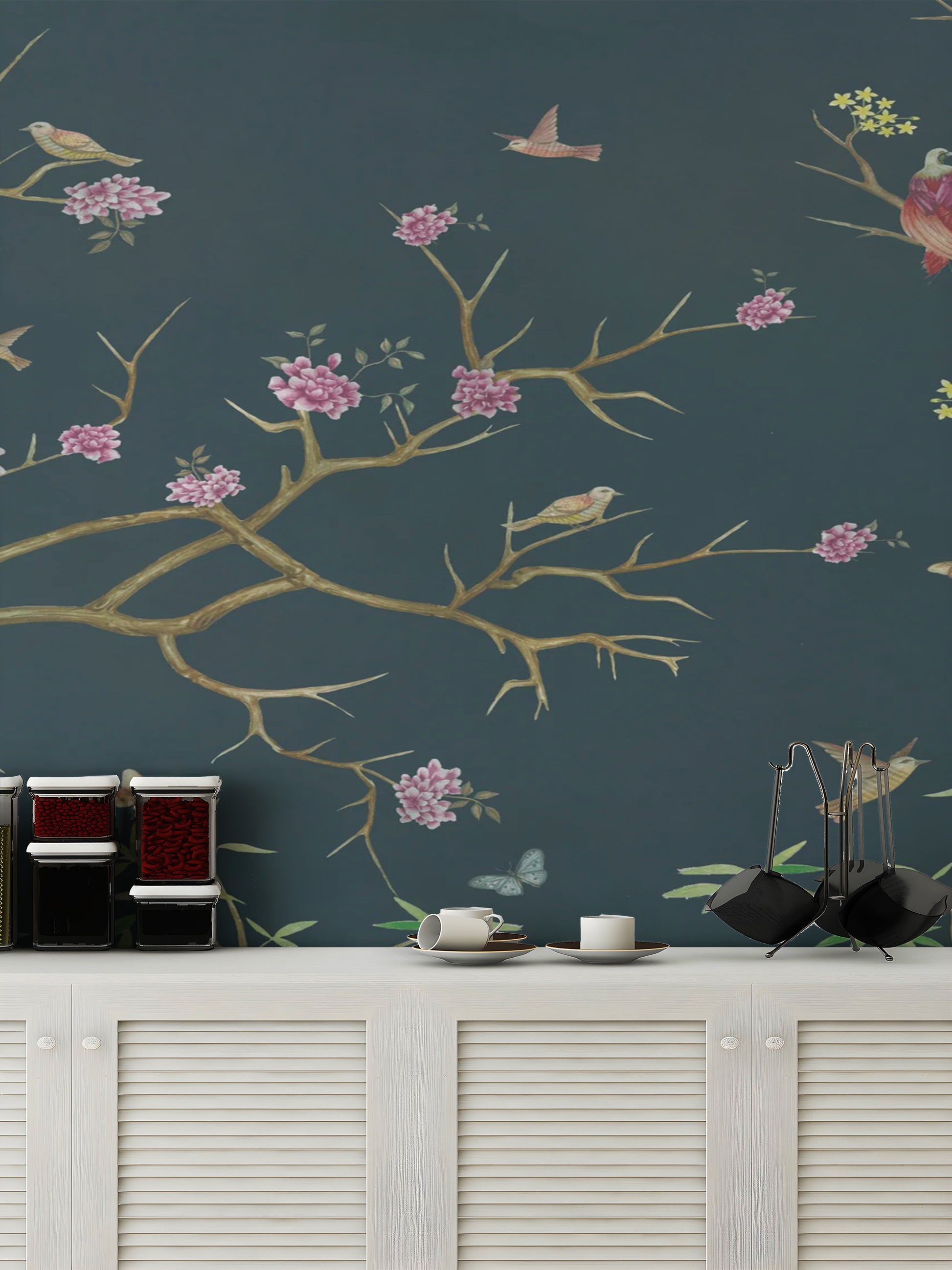 Decorative chinoiserie mural in dark blue for statement walls
