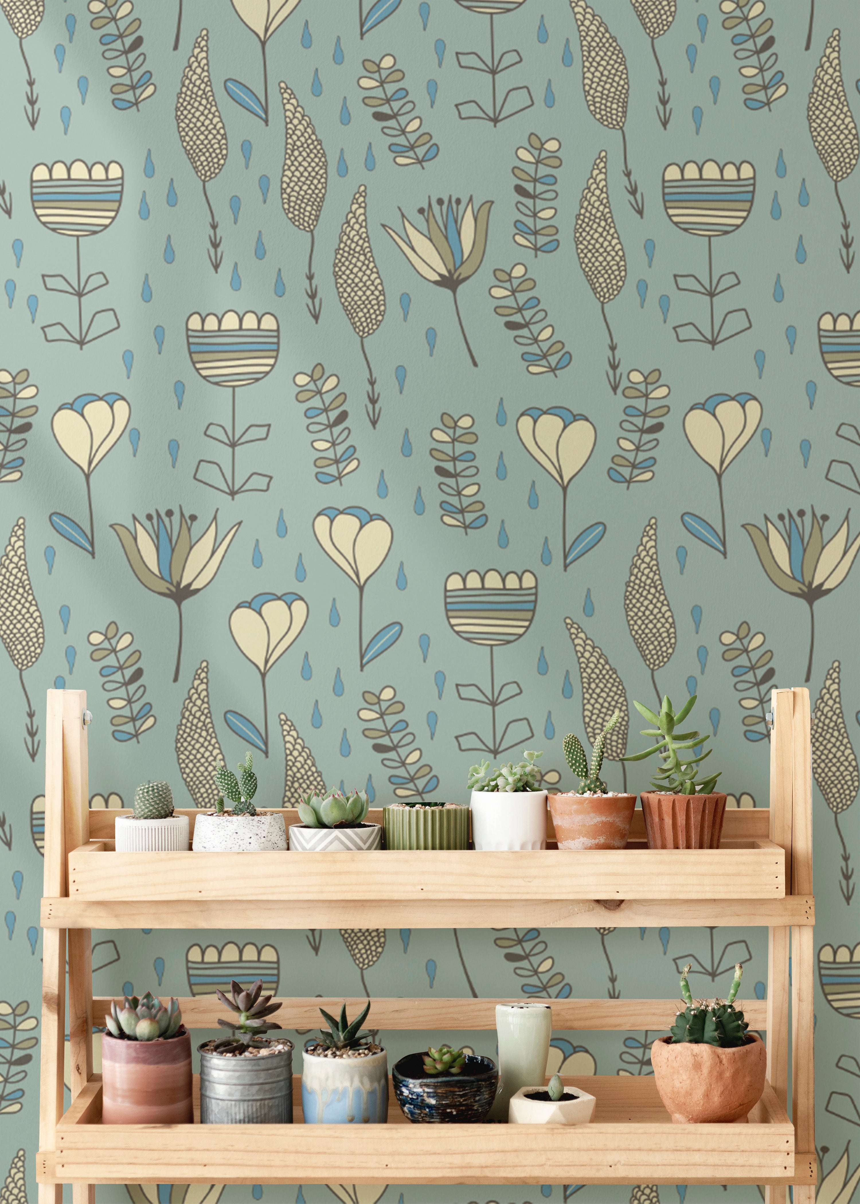 Chic wallpaper with playful and understated naive blooms
