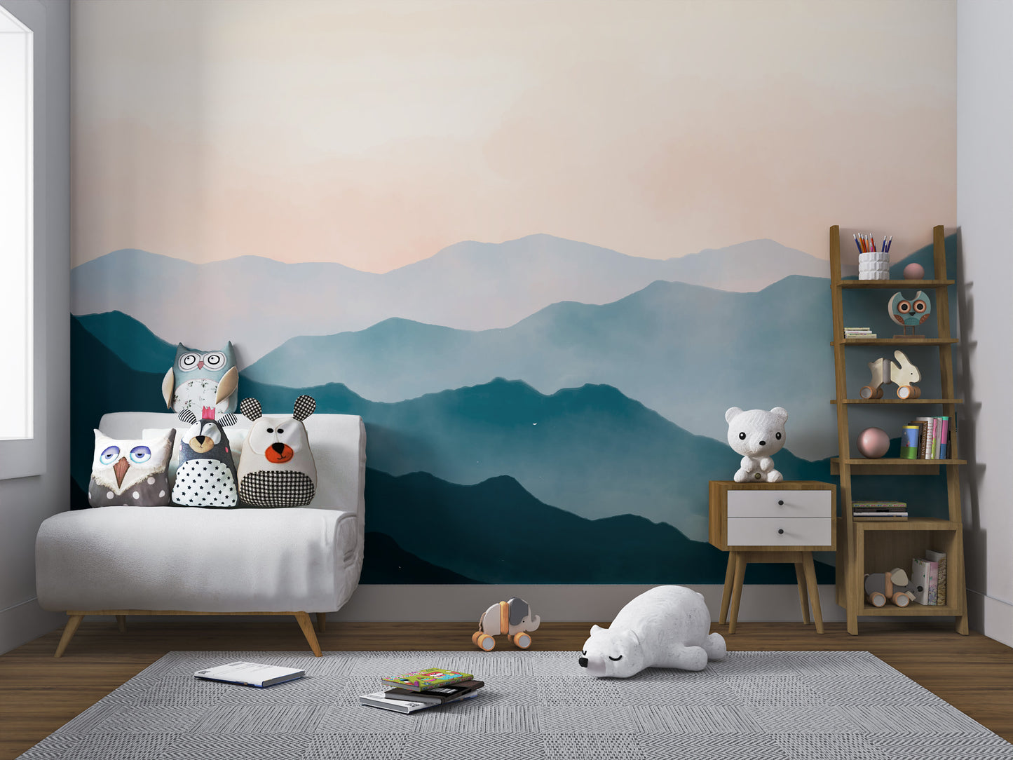 Nature-inspired watercolor mountain wallpaper for bedrooms
