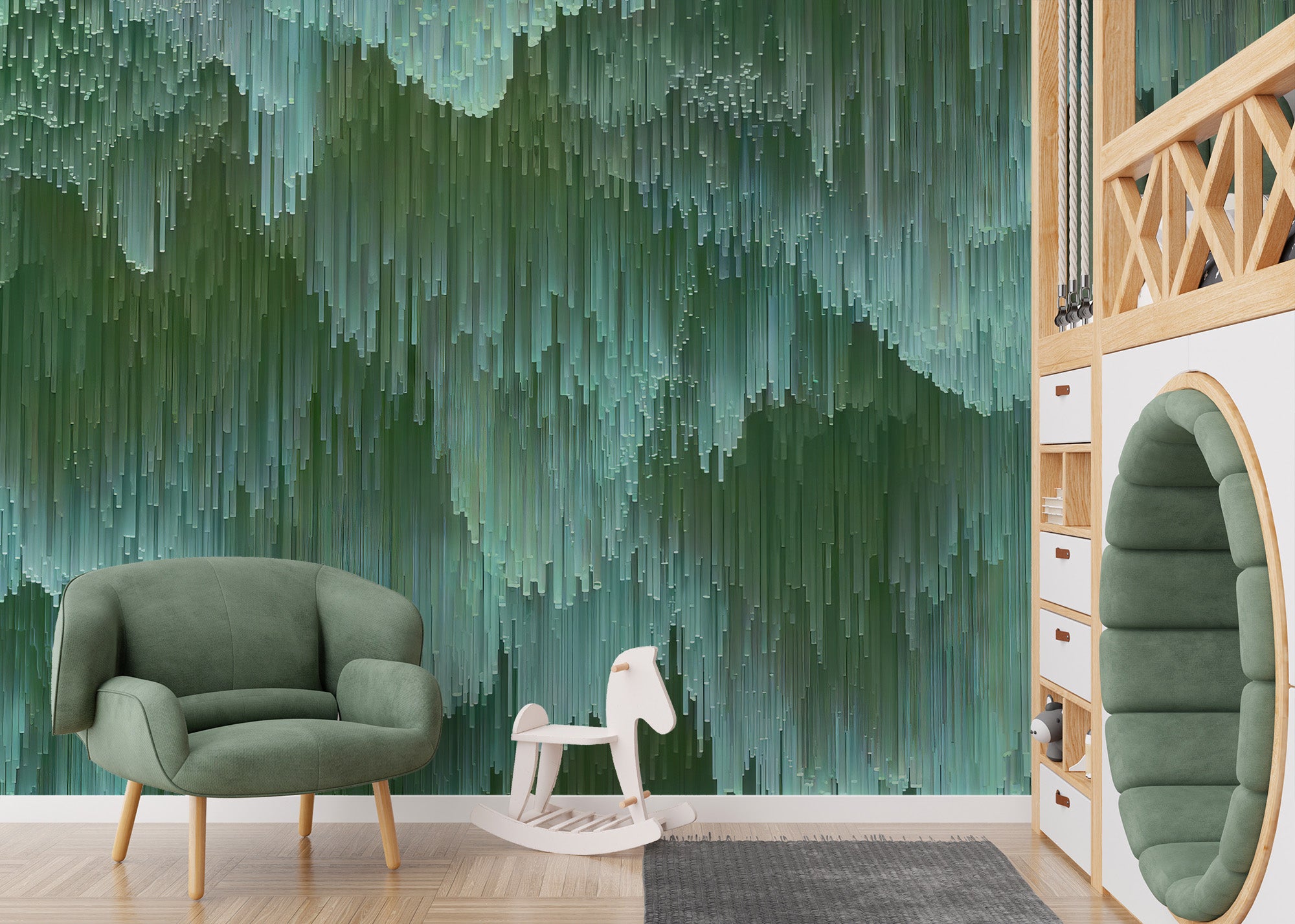 Abstract mural featuring intricate green crystal formations
