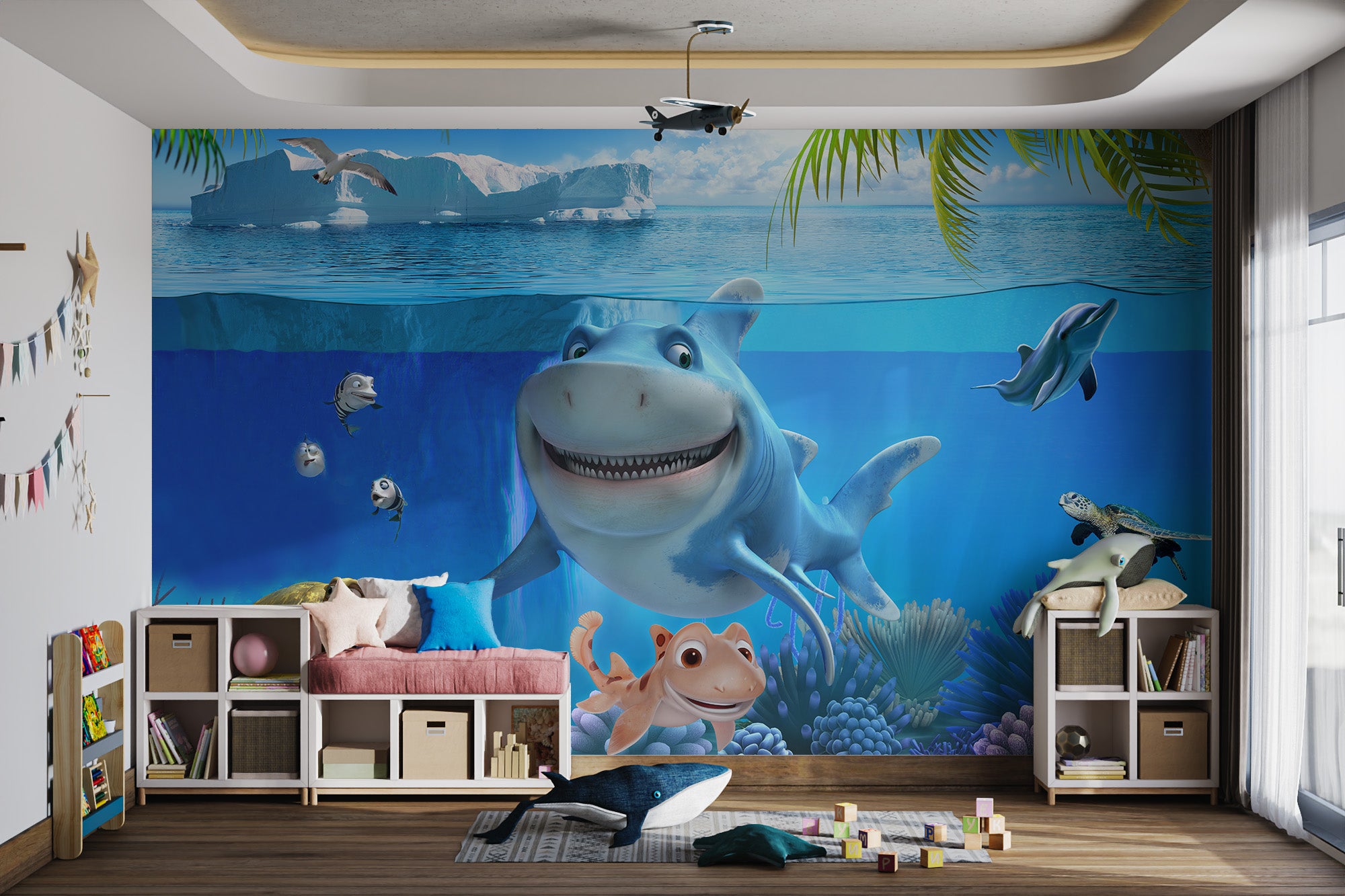 Underwater shark world mural for kids room