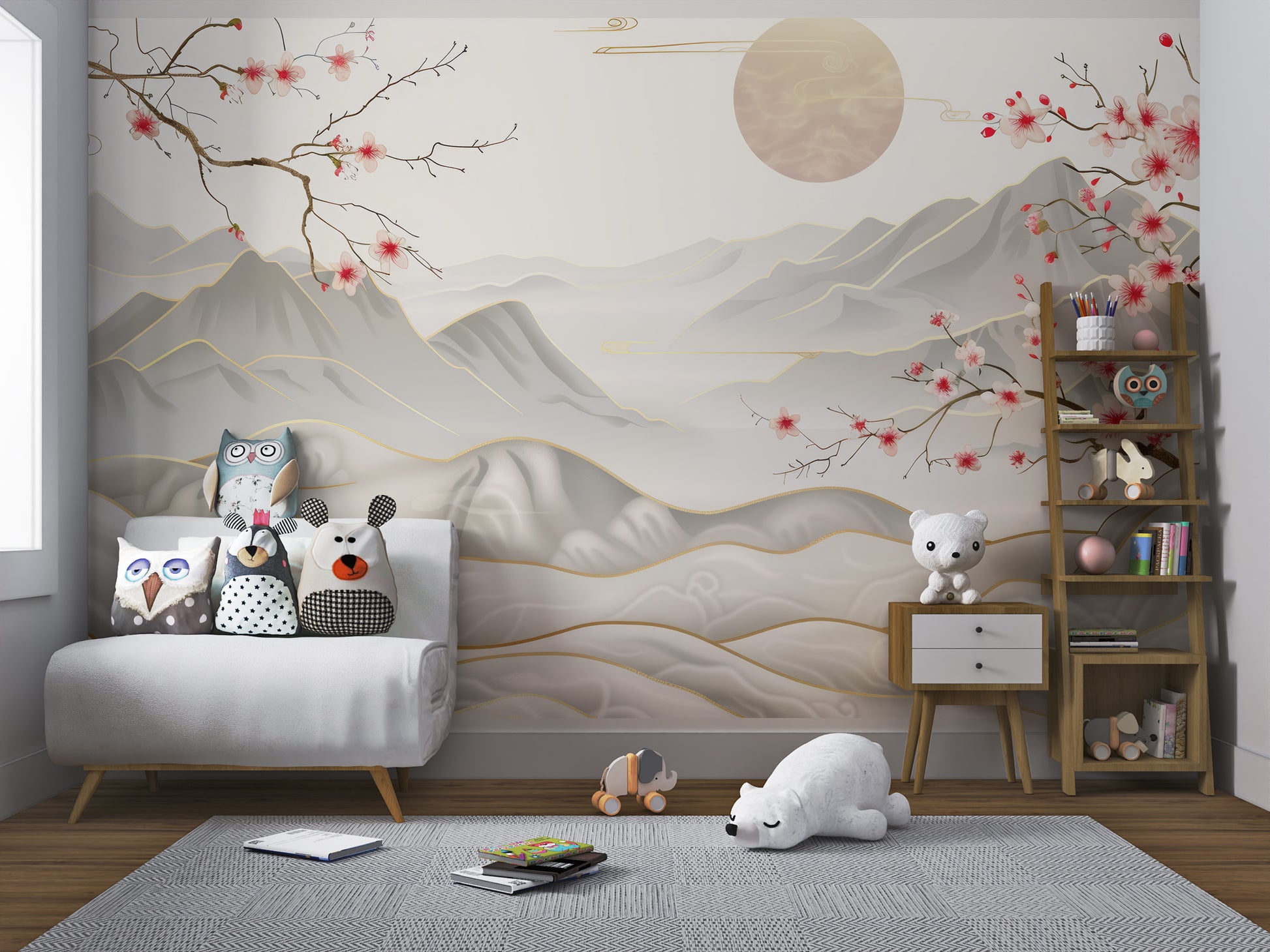 Traditional Japanese scenery wall mural with blossoms
