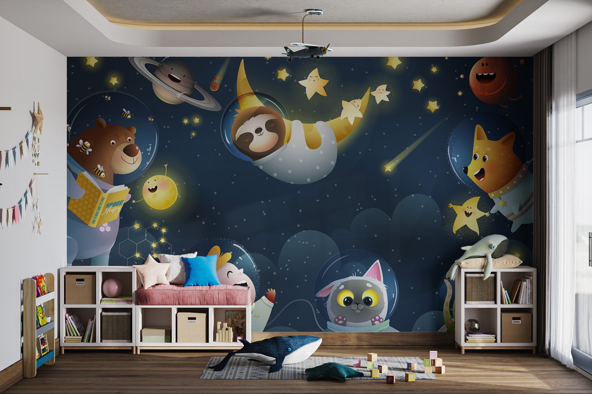 Outer space mural with kids and animal crew