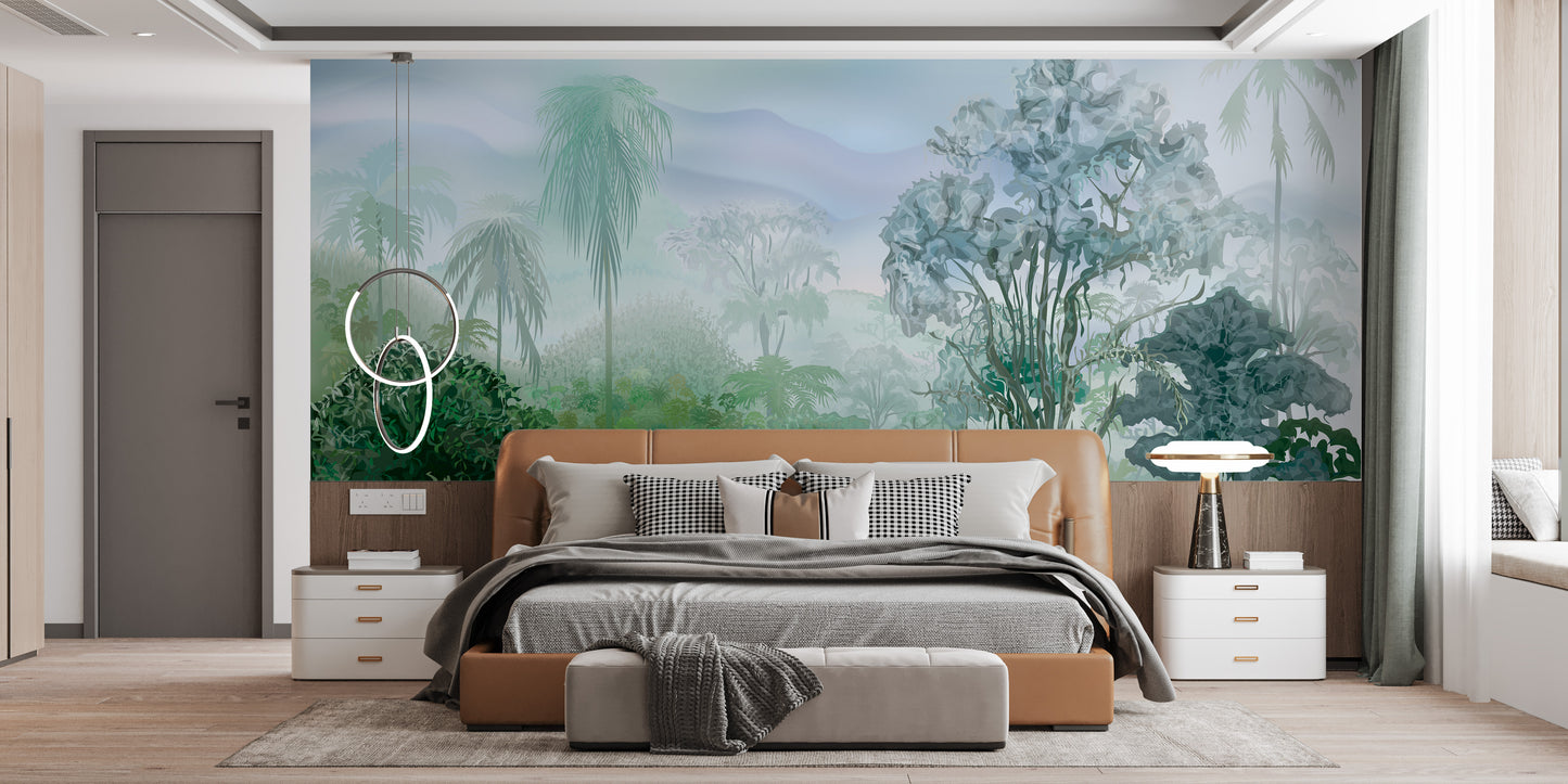 Tropical paradise mural featuring palms
