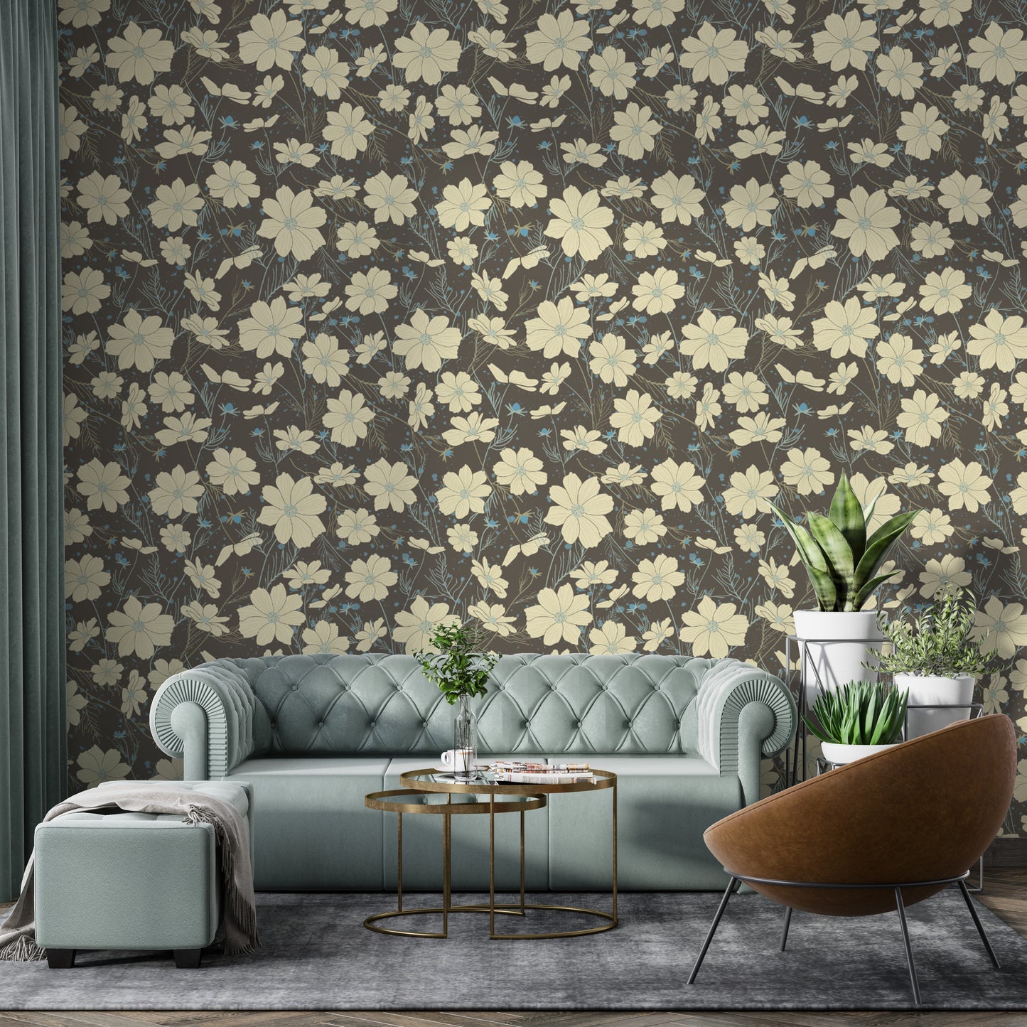 Cosmos flower wallpaper in neutral gray hues for walls
