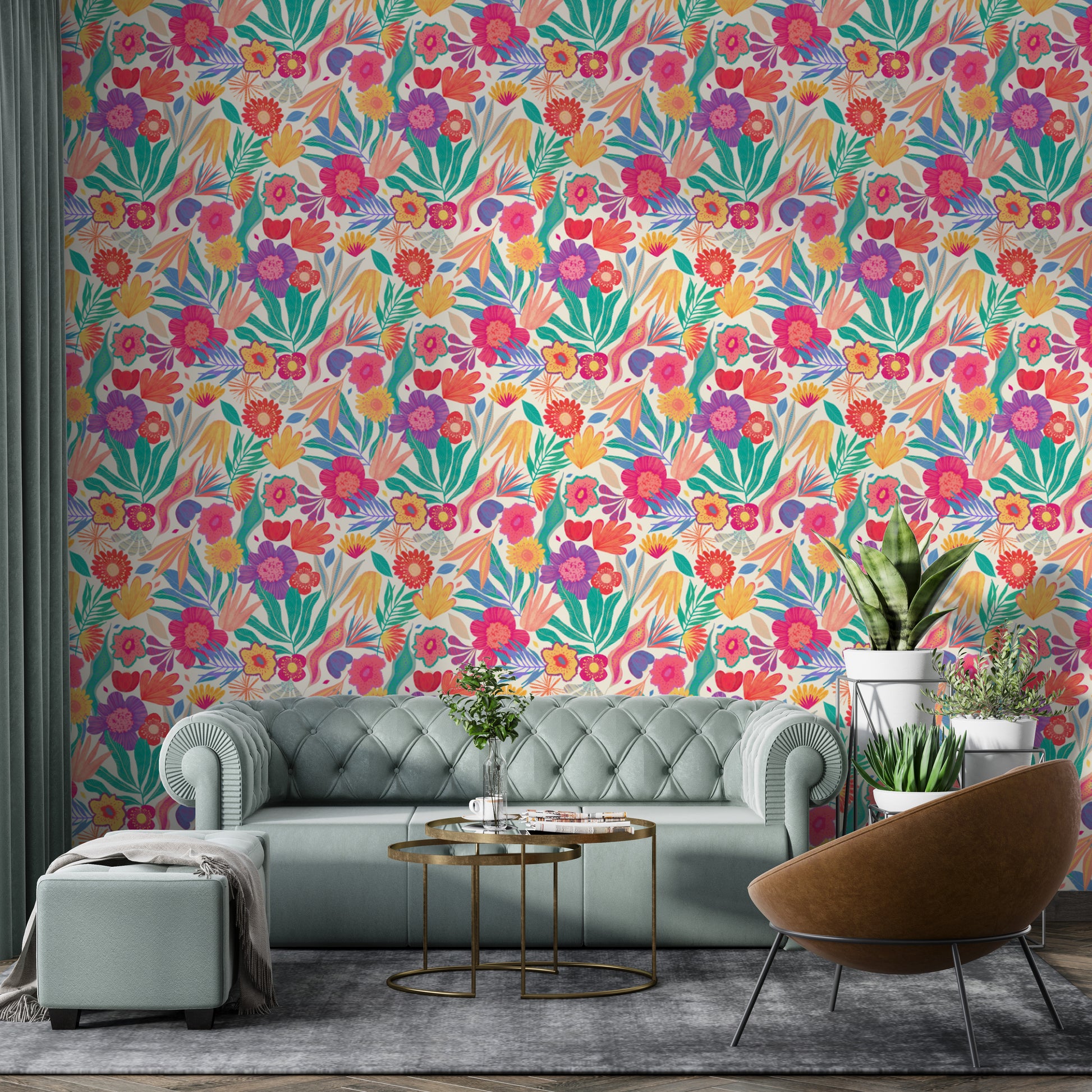 Decorative wallpaper mural featuring exotic floral accents