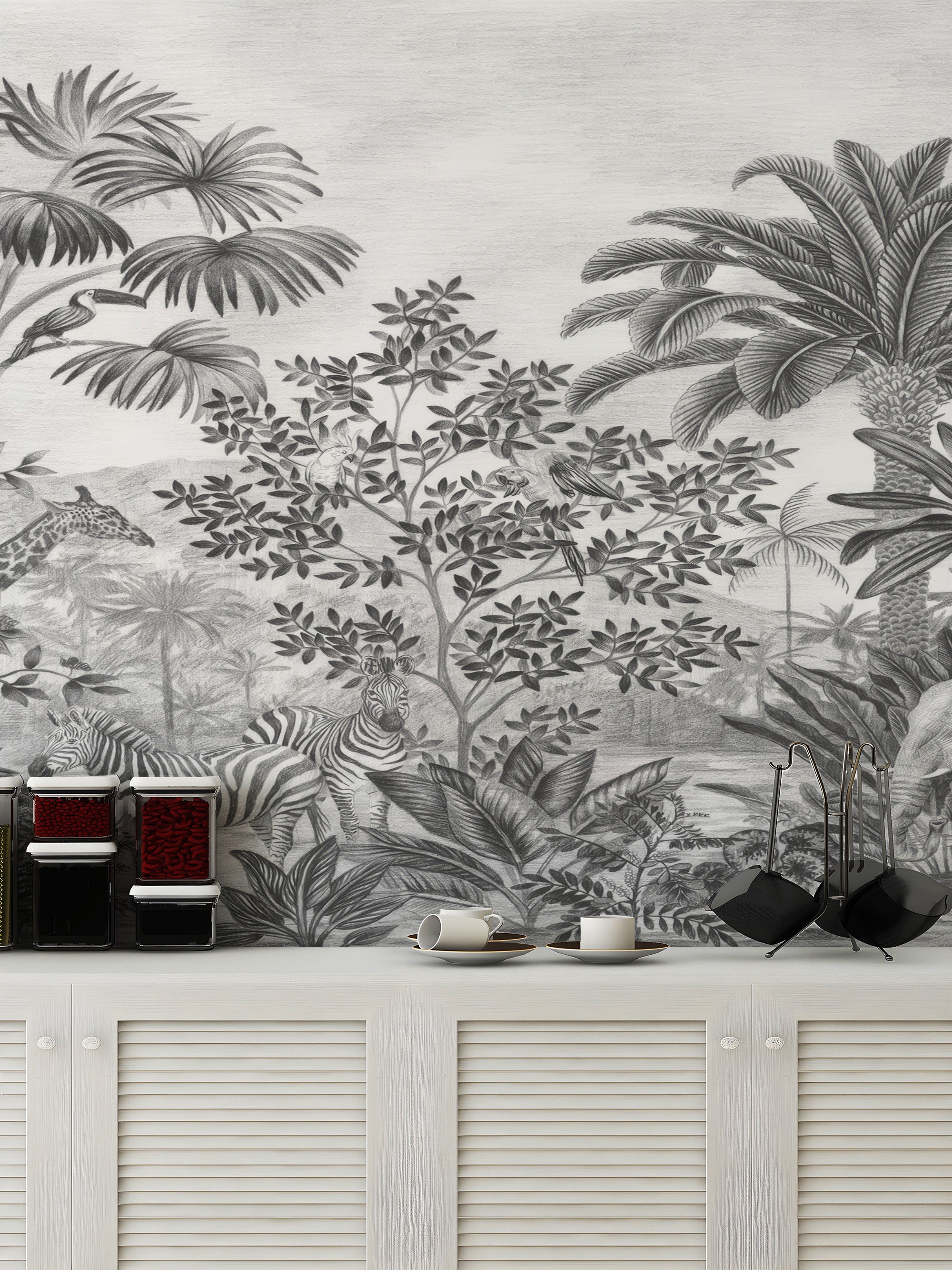 Elegant monochrome tropical safari wallpaper for decor
