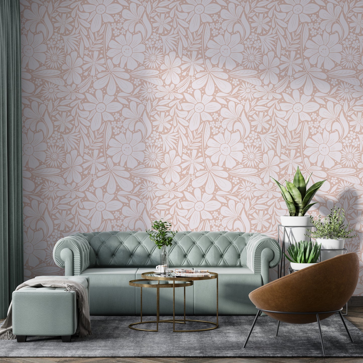 Pastel pink wallpaper featuring cheerful happy blooms design
