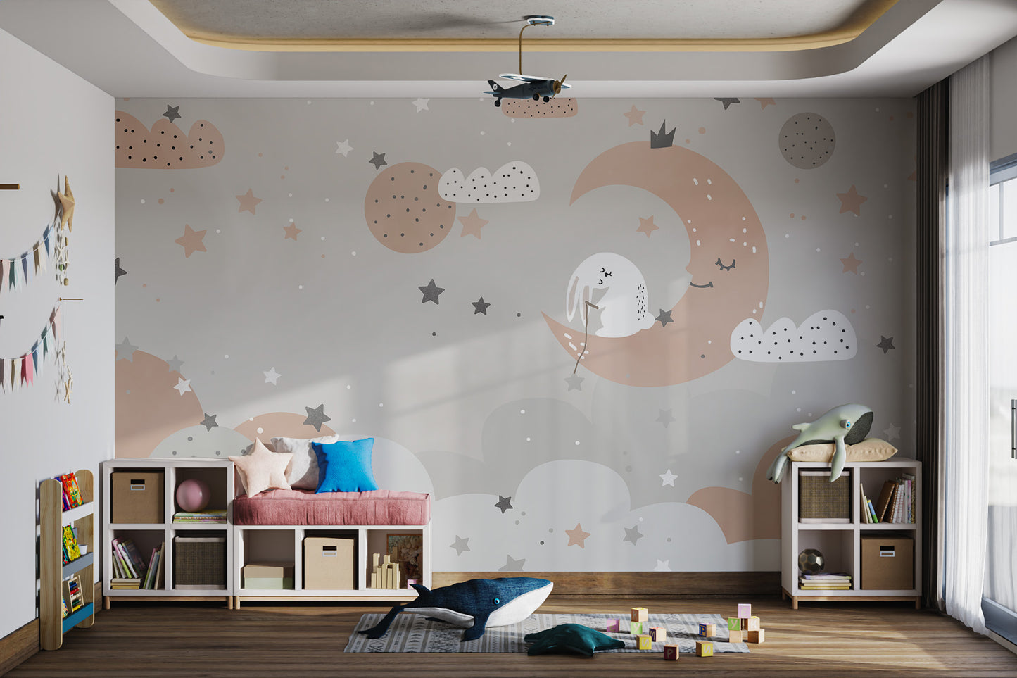 Soft dreamy wall mural of bunny on clouds