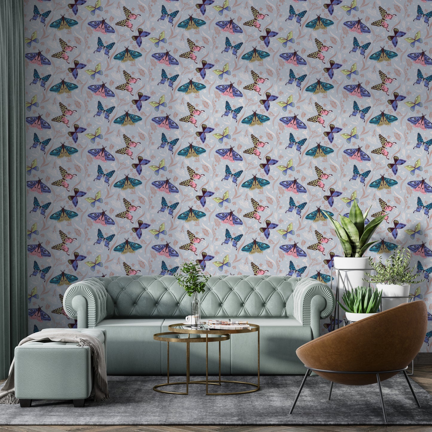 Vibrant wallpaper mural featuring colorful butterfly patterns
