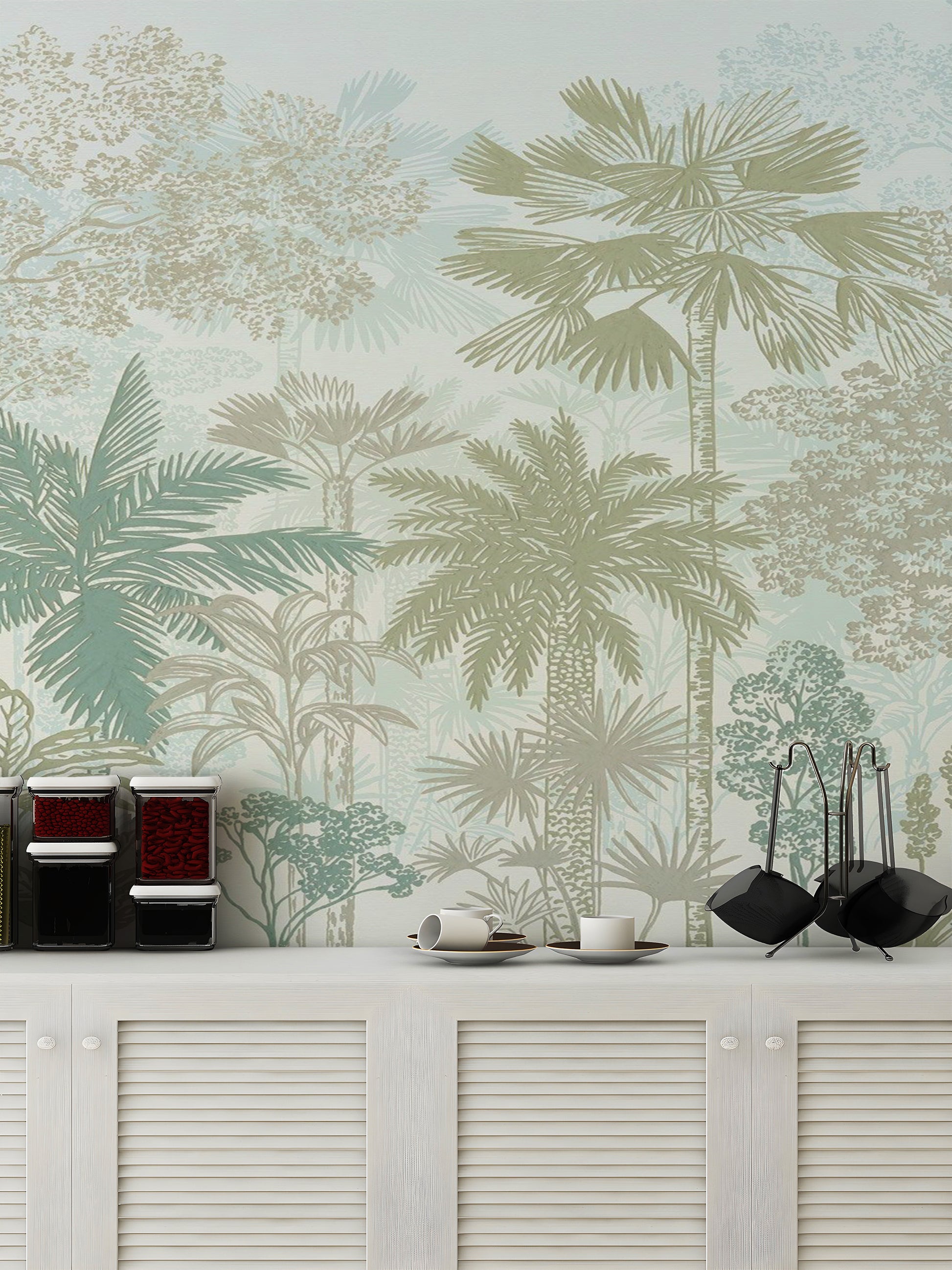 Serene soft botanical jungle mural for tranquil decor
