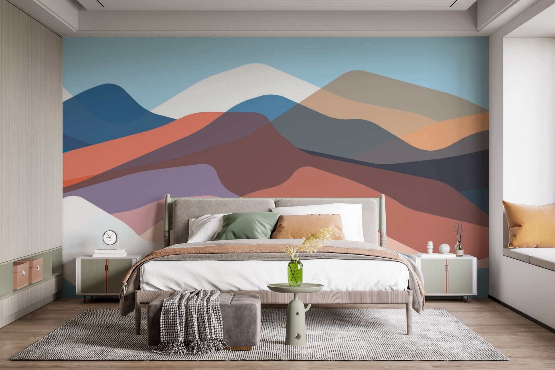 Abstract mountain peaks mural with bold and muted color tones