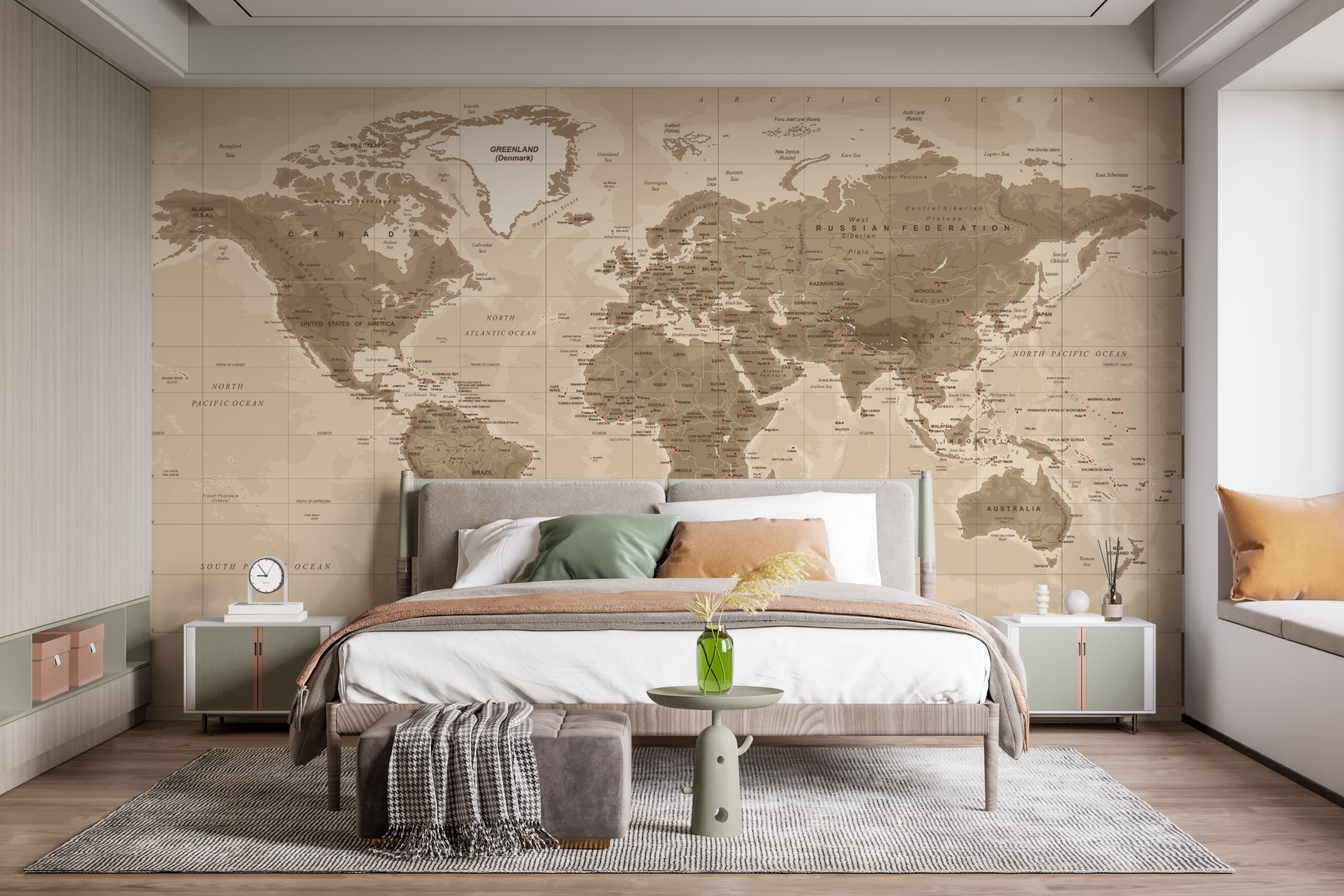 Sepia-toned world map mural featuring country details