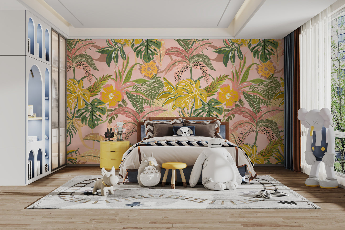 Decorative tropical leaves wallpaper with bold, bright tones

