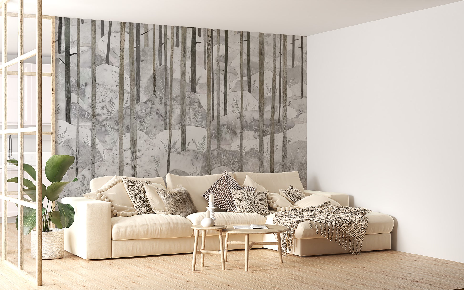 Room wallpaper featuring grey forest and woodland patterns