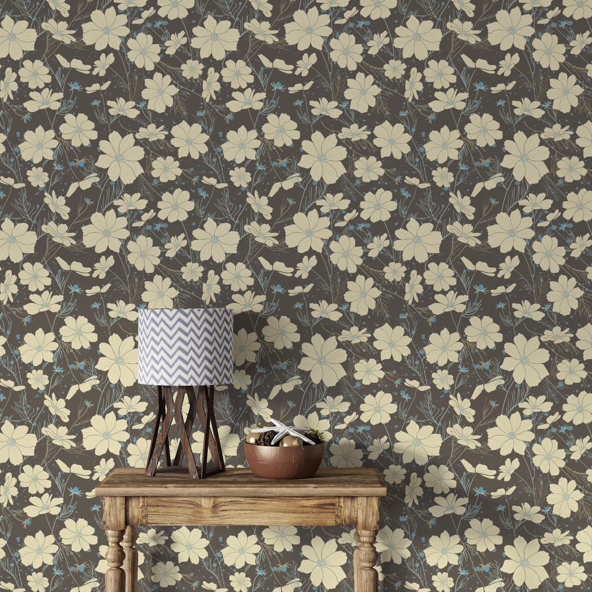 Charming gray wallpaper with cosmos flower accents
