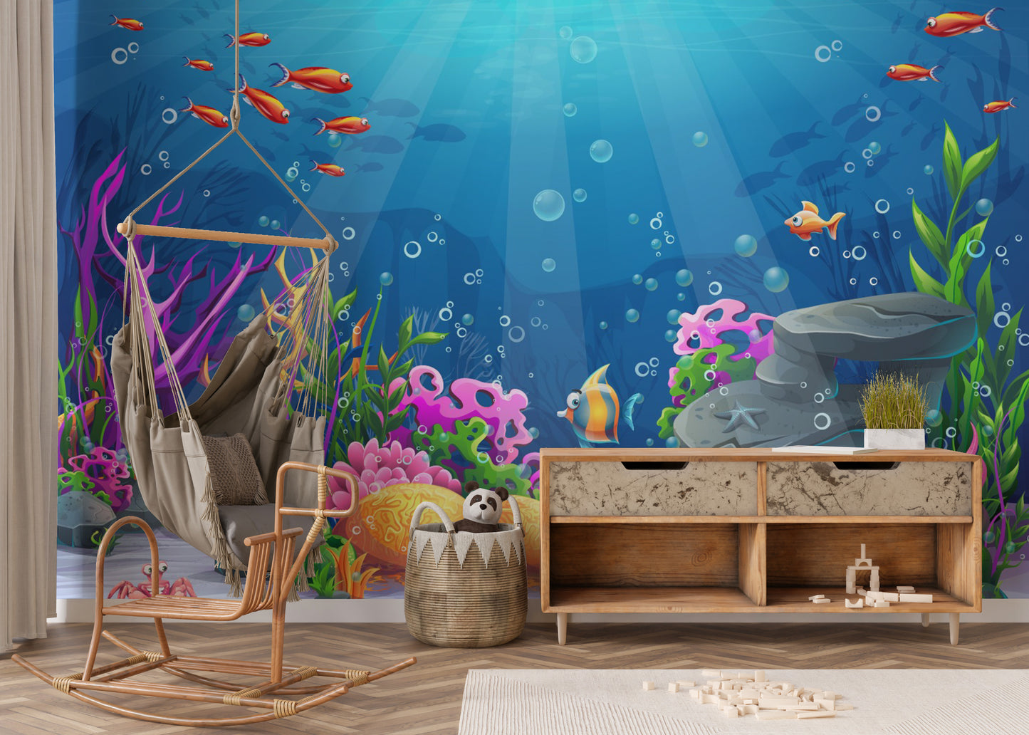 Ocean creatures mural with vivid colors
