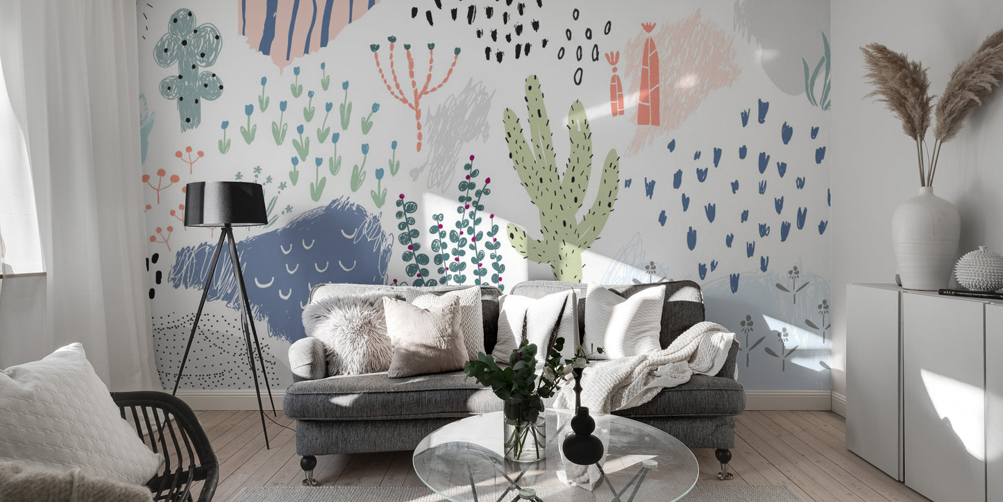 Nature-inspired wall mural with abstract botanical design