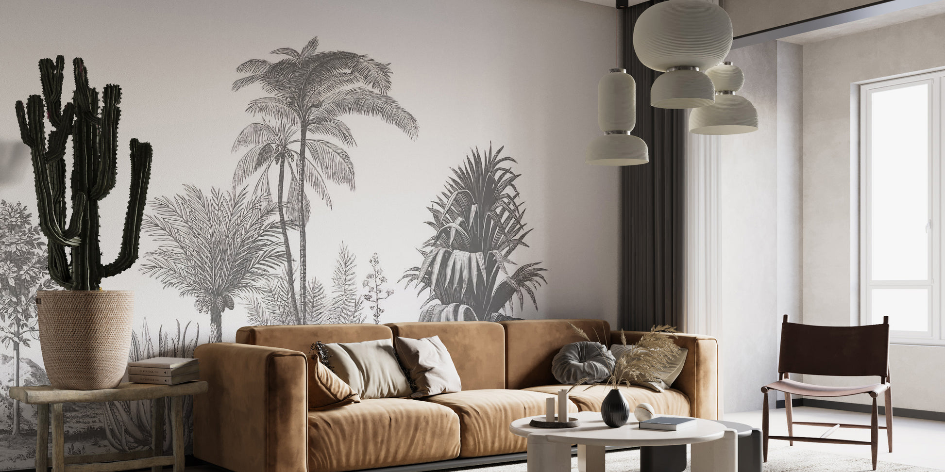 Palm paradise mural featuring greystone hues