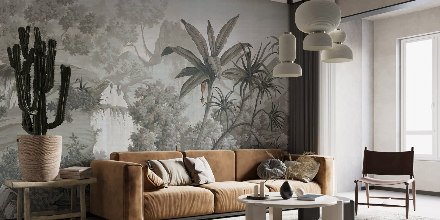 Monotone wallcoverings with woodland scenery
