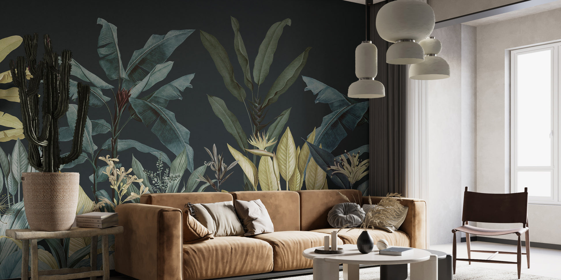 Dark-themed jungle mural for modern decor
