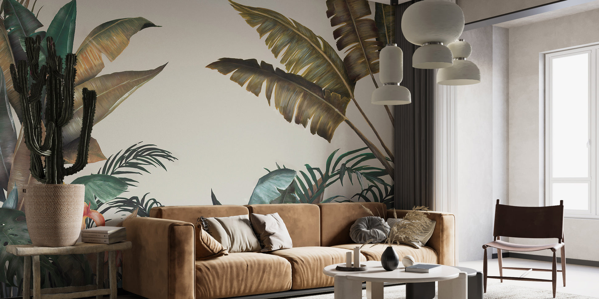 Elegant tropical foliage wall mural design.
