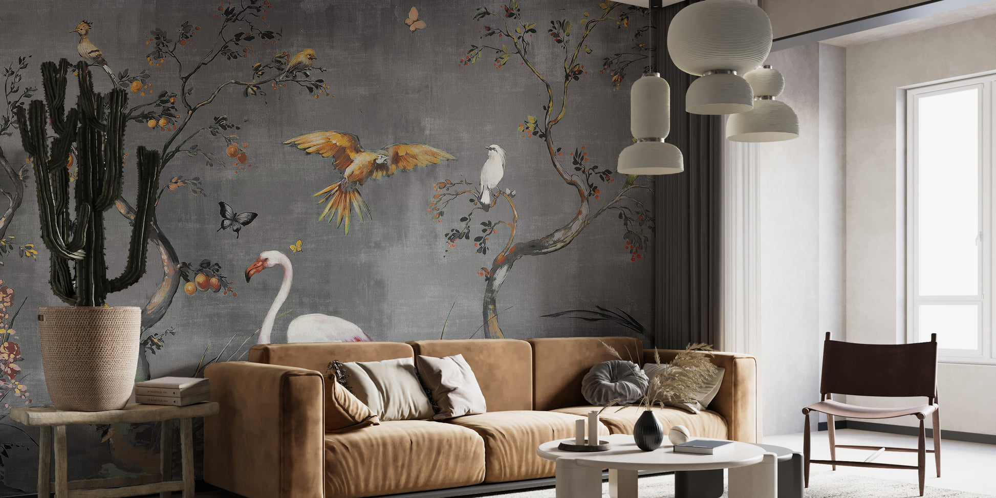 Nature-inspired mural with birds and flora.
