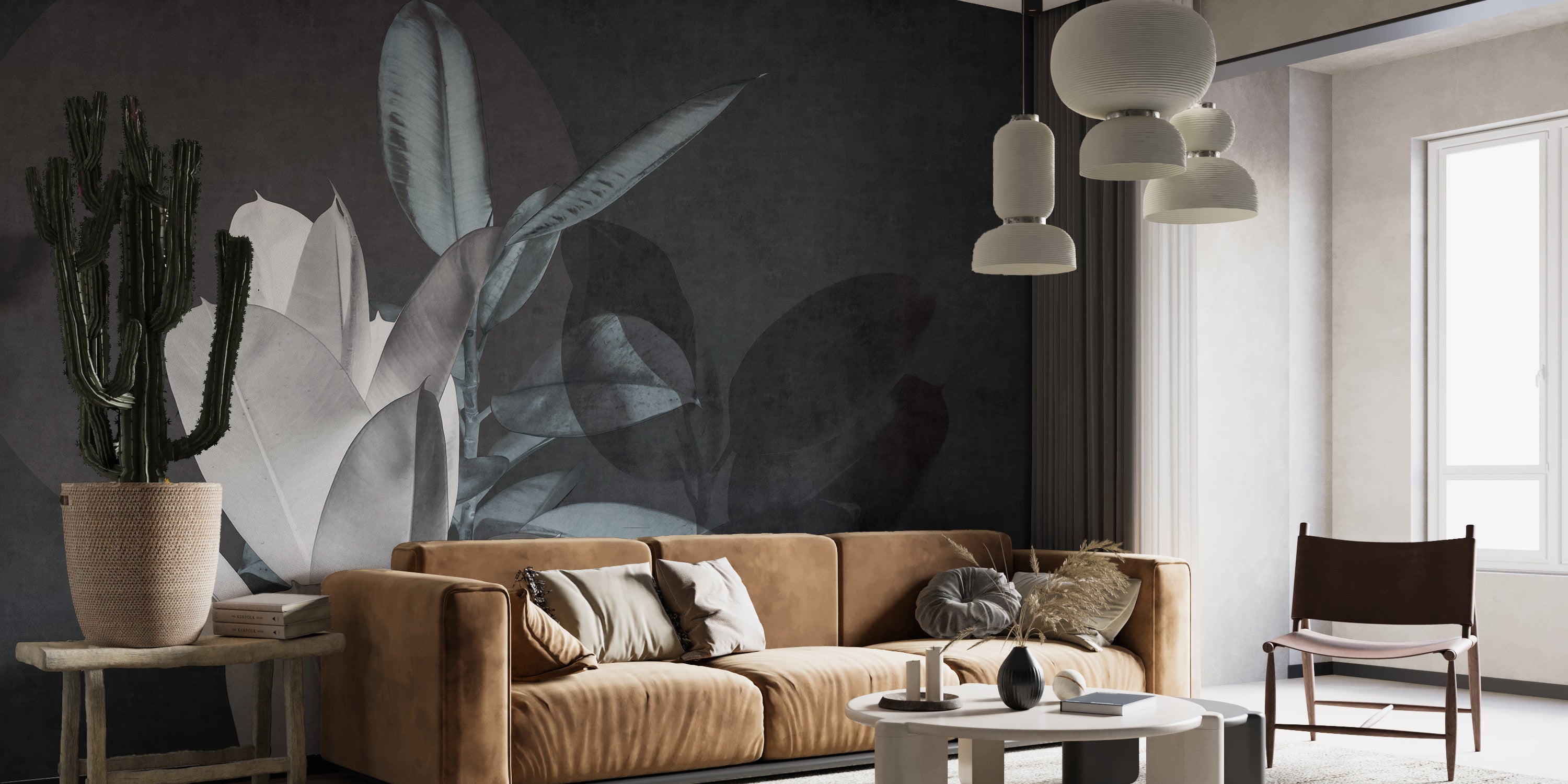 Monochrome exotic leaf wall mural design.
