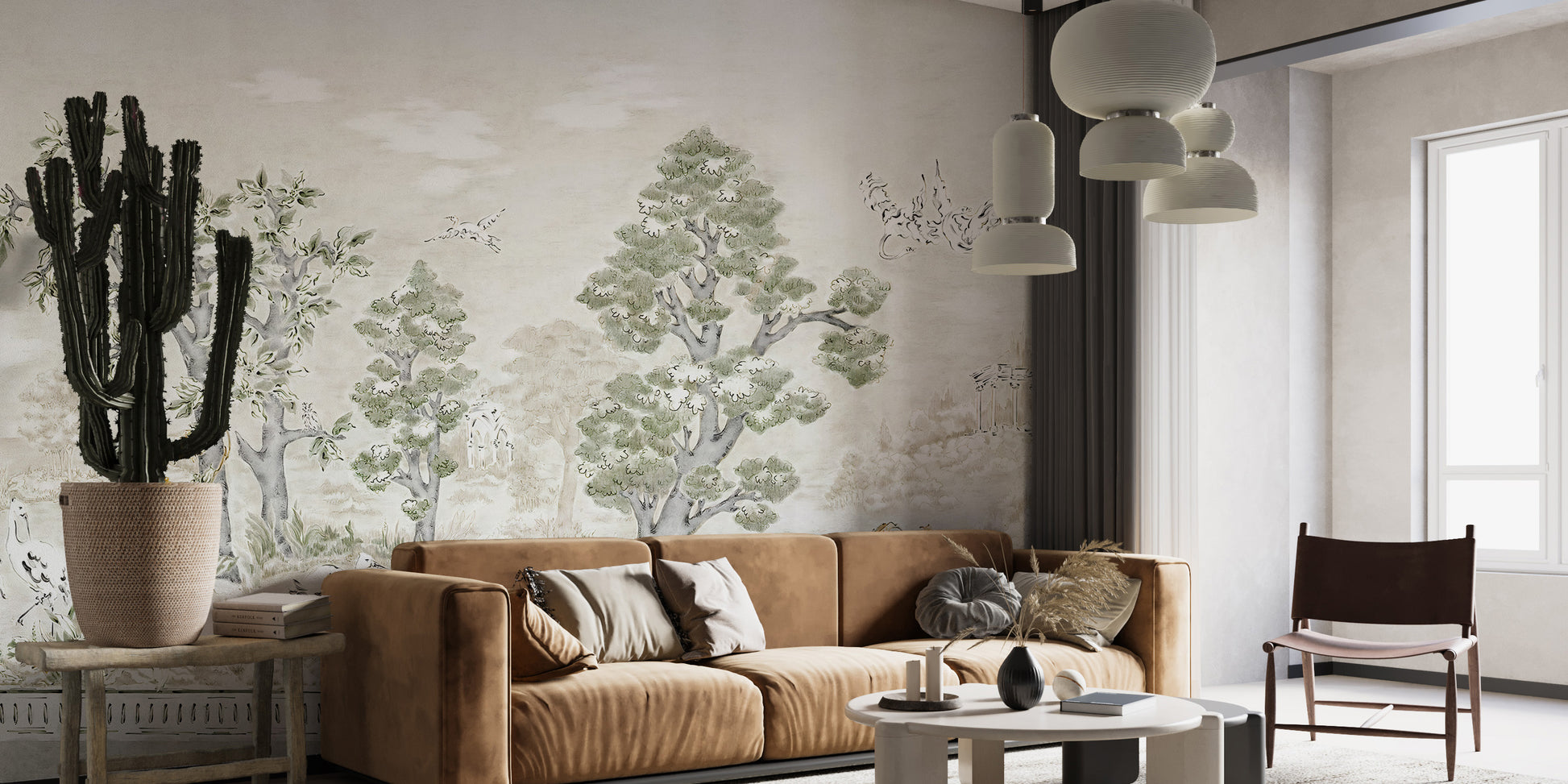 Pastel tree mural for serene interior design.
