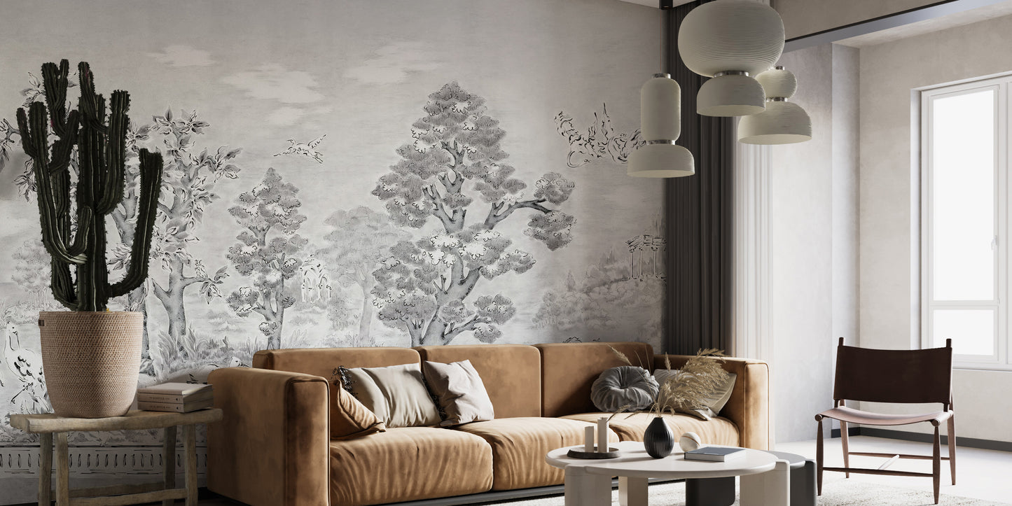 Black & White Watercolour Tropical Tree Mural