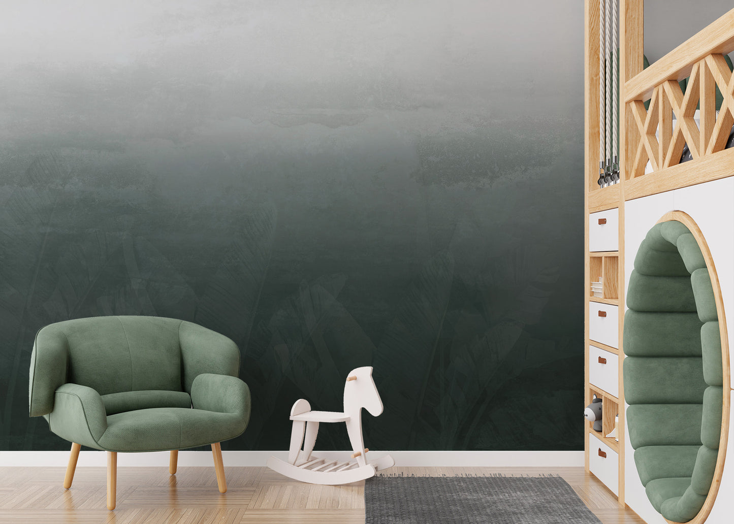 Soft ombre forest mural with mystical shades of green.
