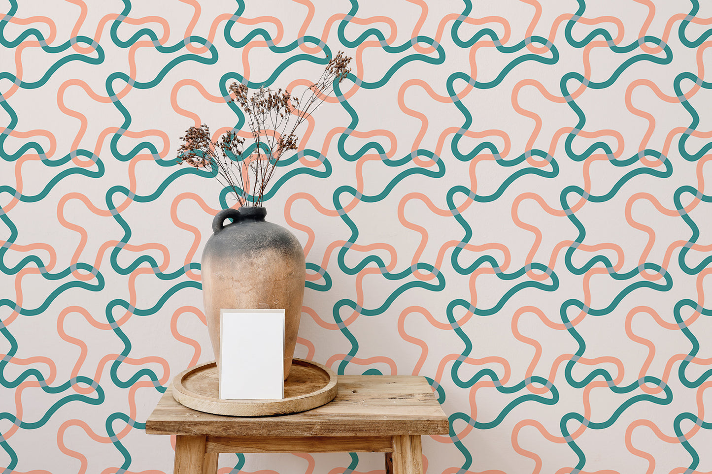 Naive Boho Green and Orange Lines Wallpaper